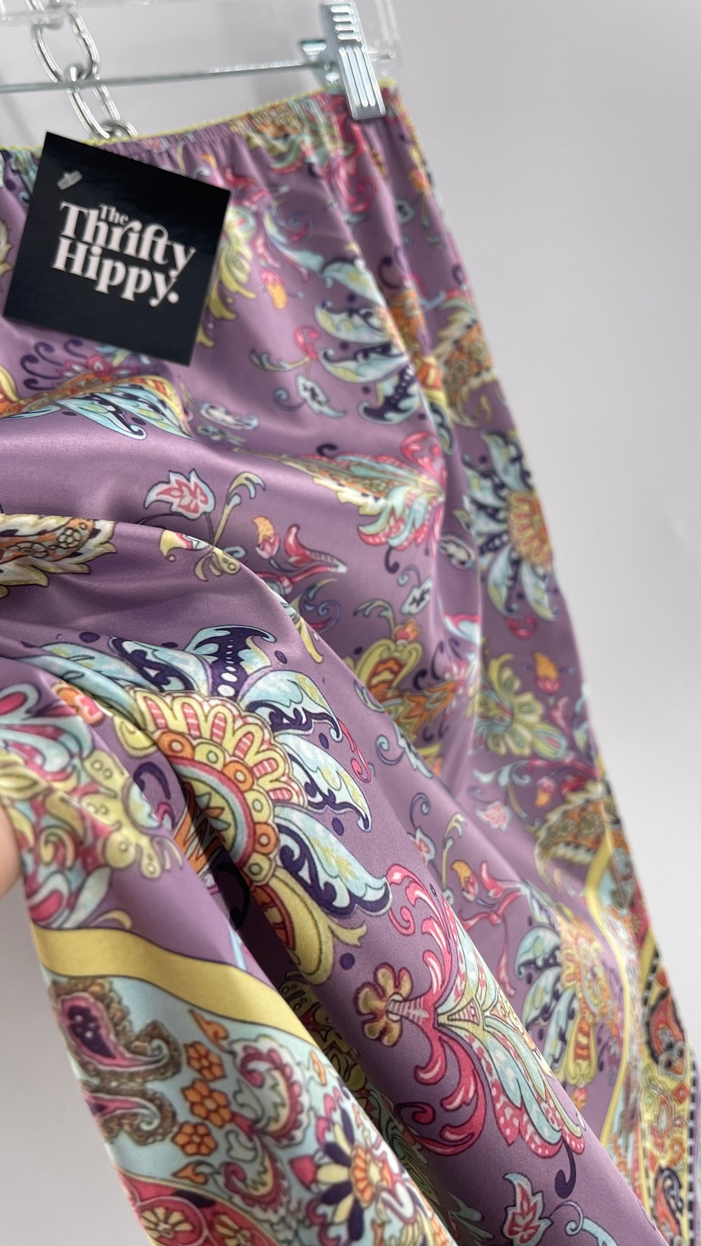 Urban Outfitters Lavender Satin Paisley Handkerchief Hem Skirt with Light Green Ribbon Waistline (Small)