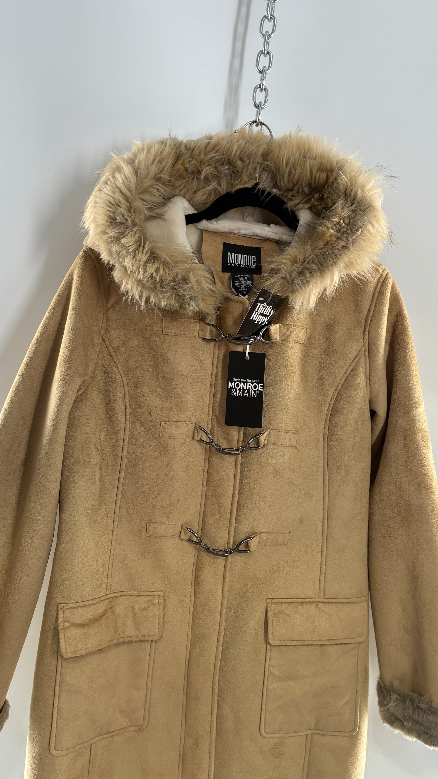 Deadstock Vintage MONROE AND MAIN Vegan Suede Coat with Fur Cuffs and Hood, Tags Attached (Medium)