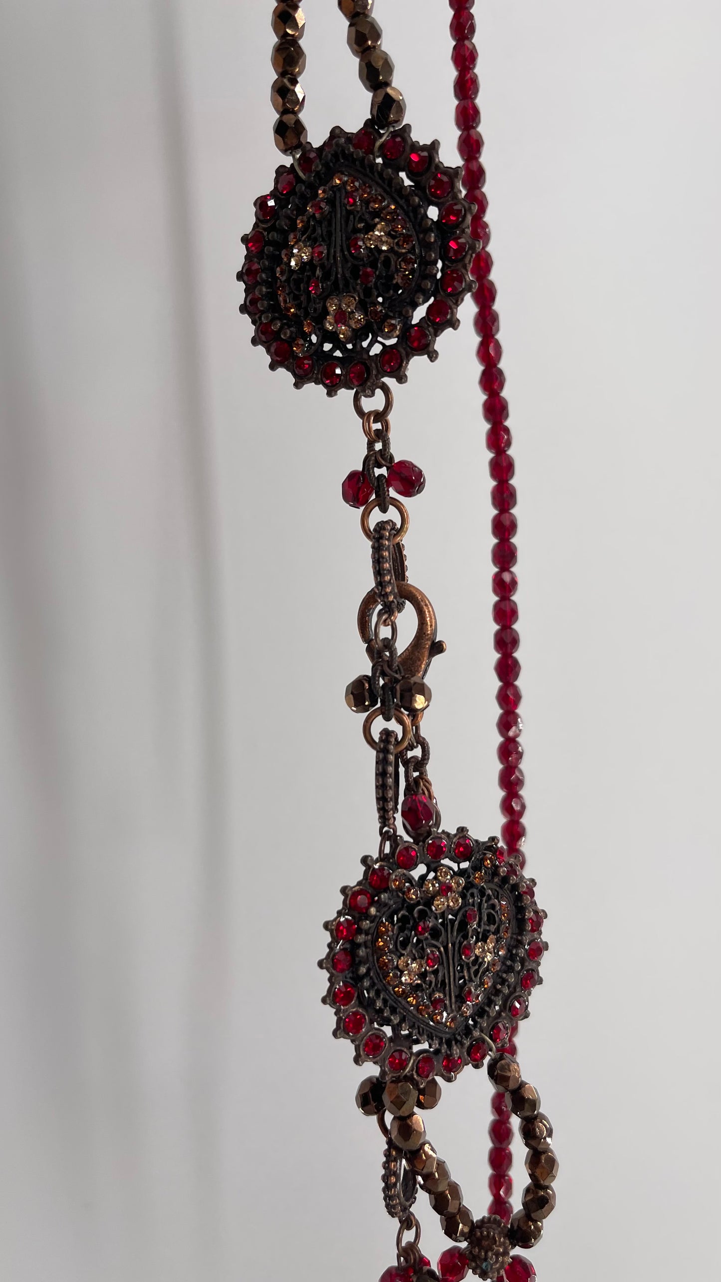 Vintage Crimson Red, BeadedWaist Chain Belt with Stone and Embossed Medallion Details