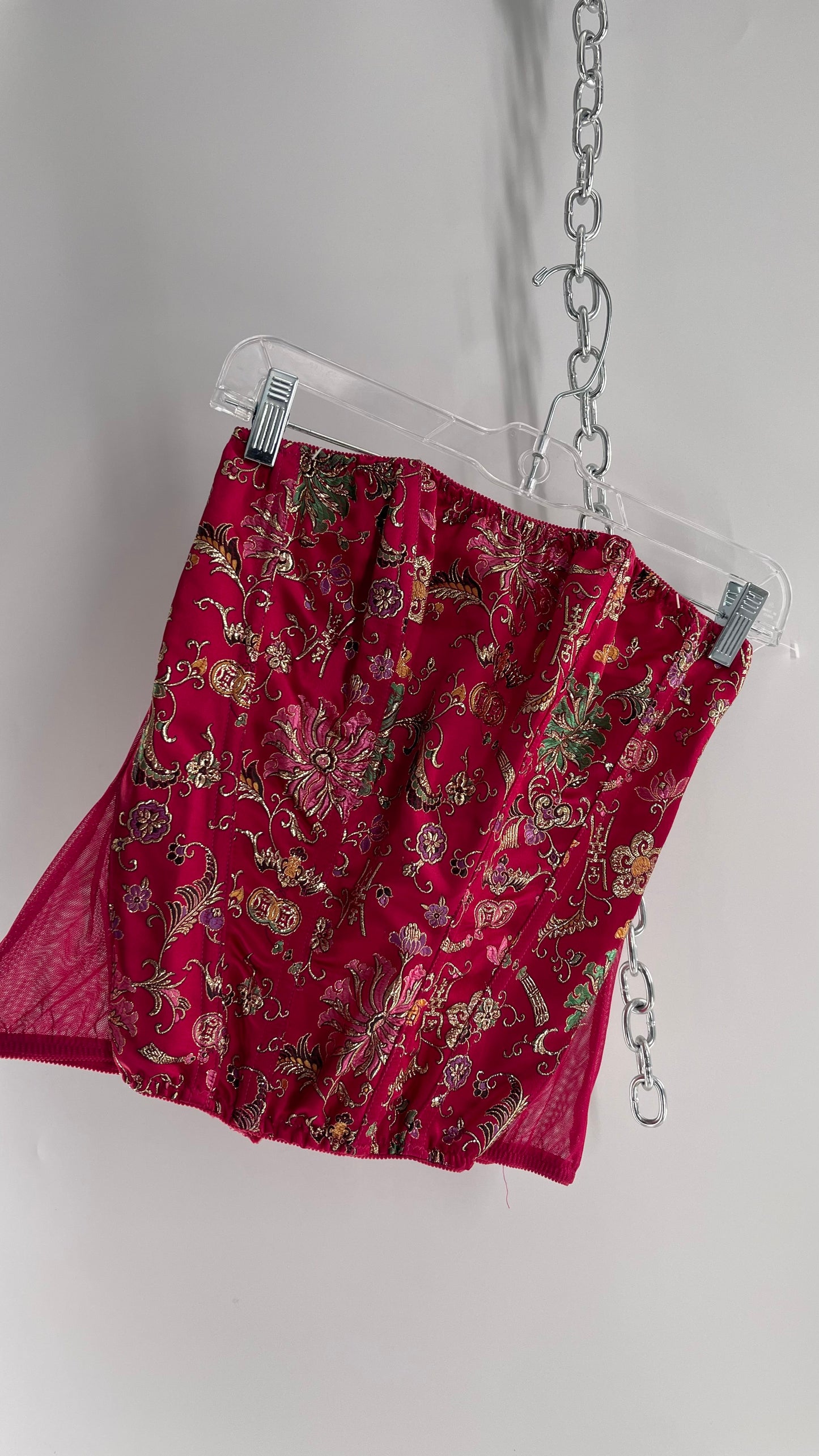 Vintage 1990s HOT Hot Pink Jacquard Metallic Boned Corset with Mesh Back and Hips (Small)
