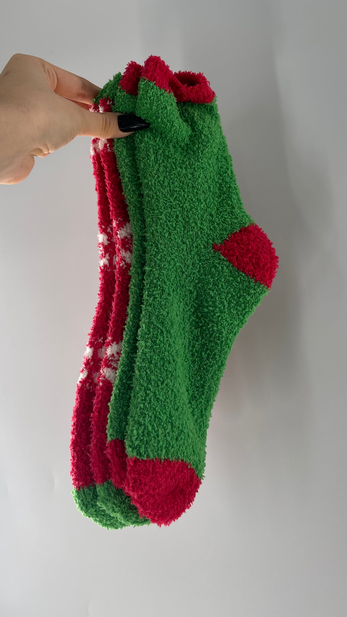 Festive Fuzzy Christmas Color Block Red Green Socks (Sz 8-12)