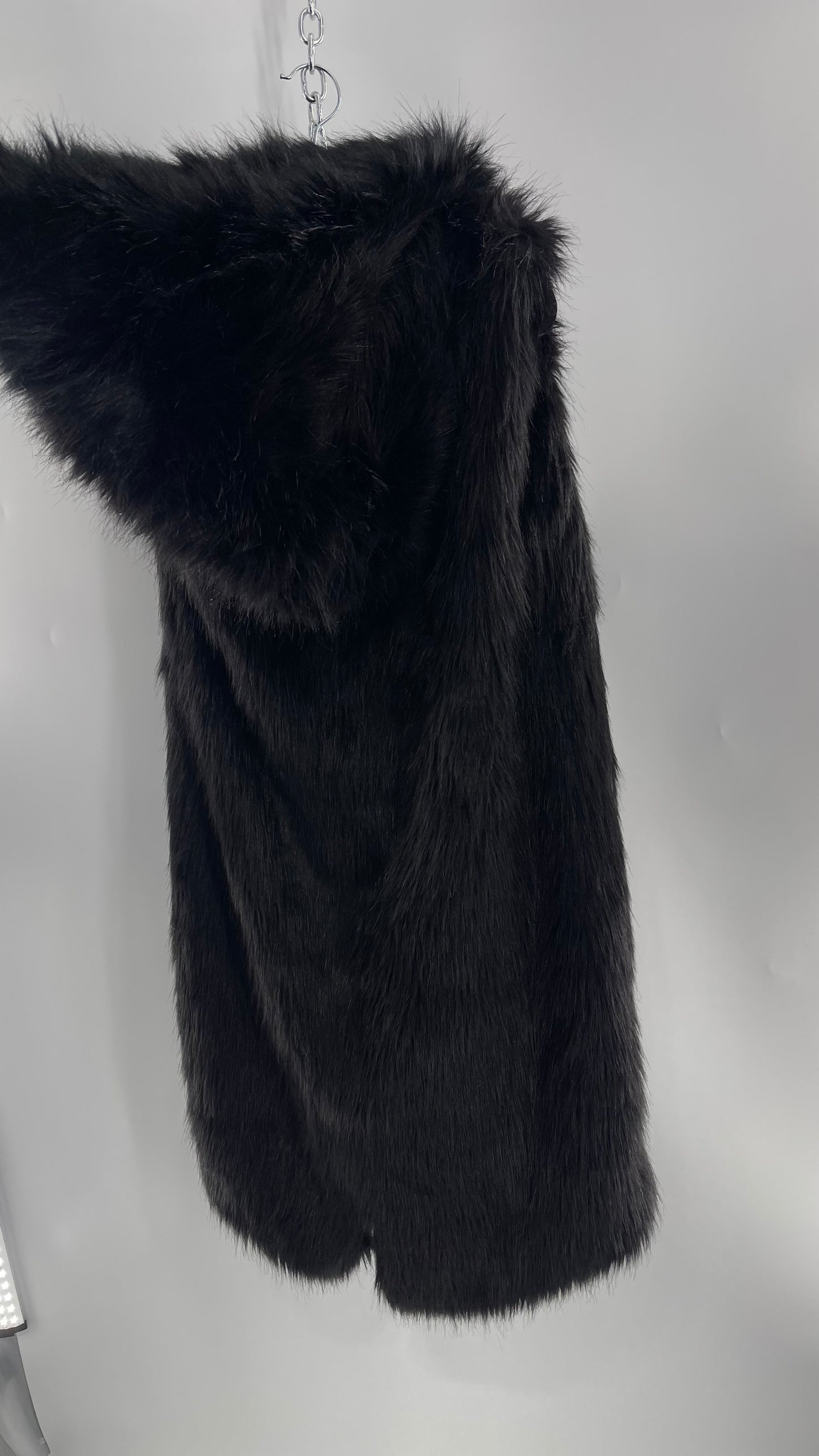 Full Length Black Fuzzy Sleeveless Vest with Oversized Hood (Medium)
