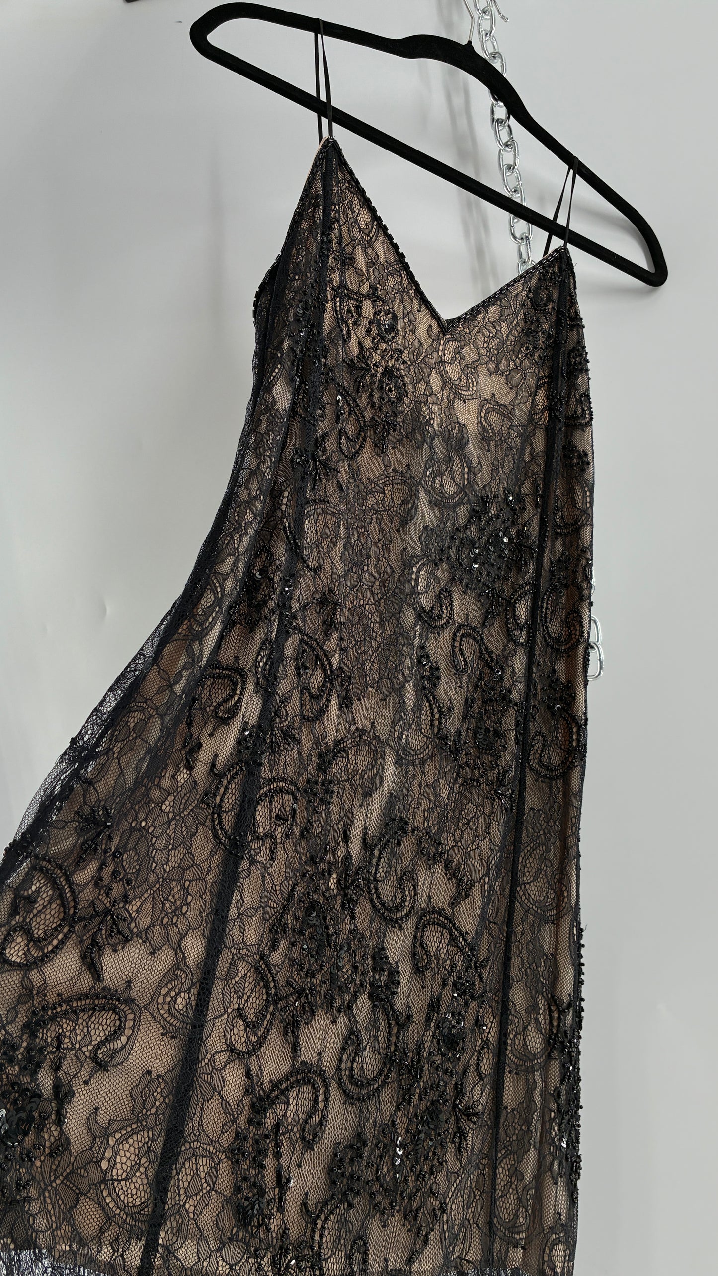 Vintage Haute Hippie Black Lace Nude Underlay Dress with Pointed Heavily Beaded Fringe Hem (2)
