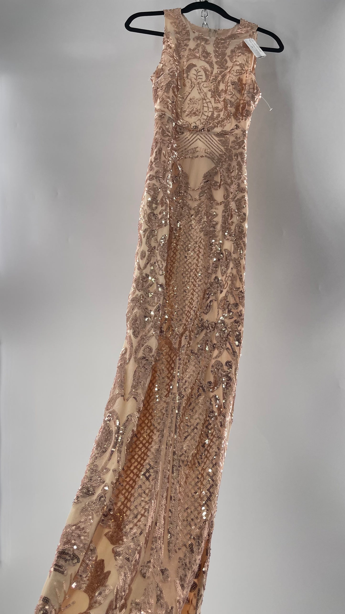 Windsor Rose Gold Sequin Maxi Dress with Side Slit Detail and Open Back (Small)