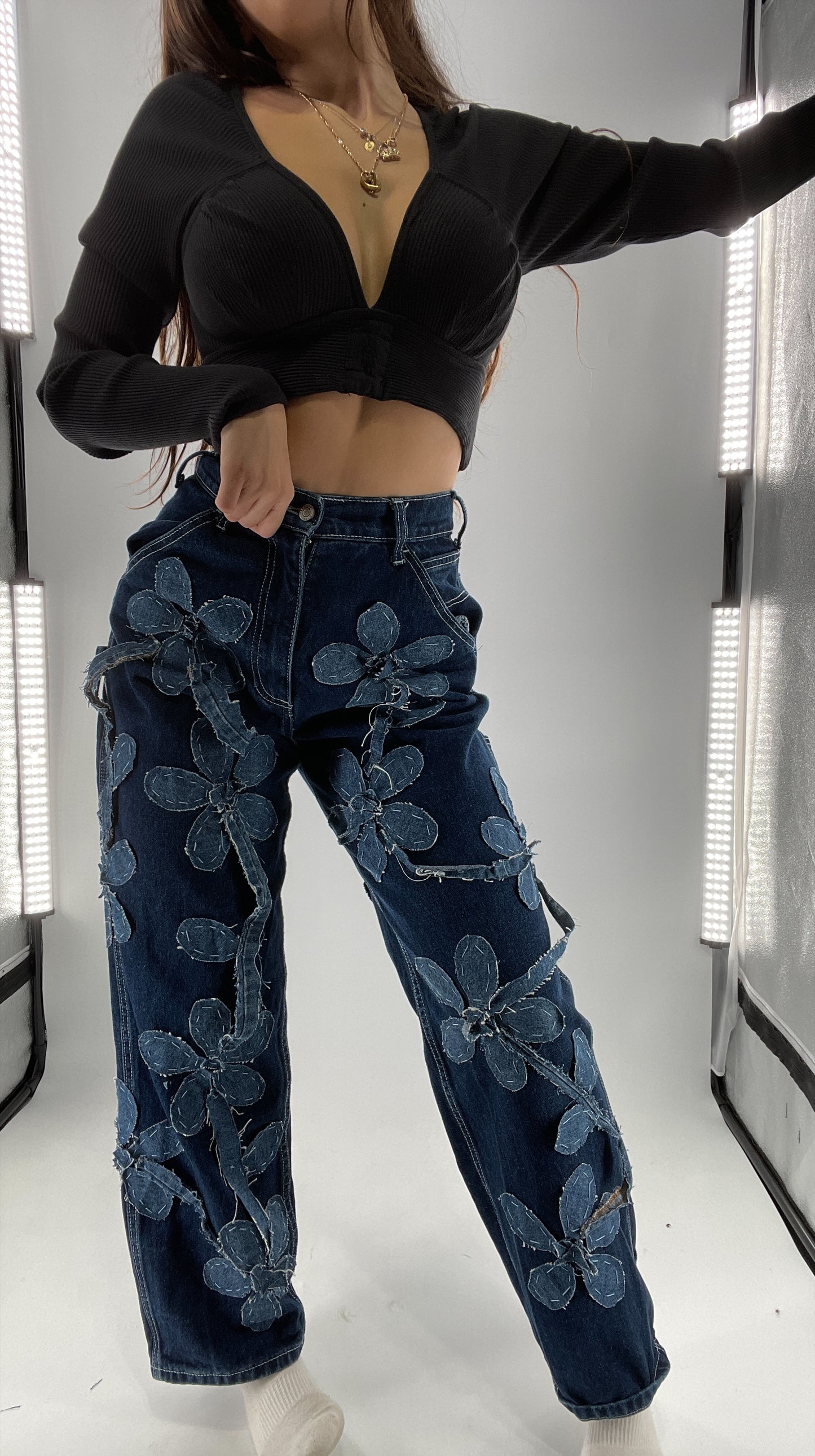 Handmade CUSTOM Dual Denim Tone Floral Vine Cargo Denims (S)
