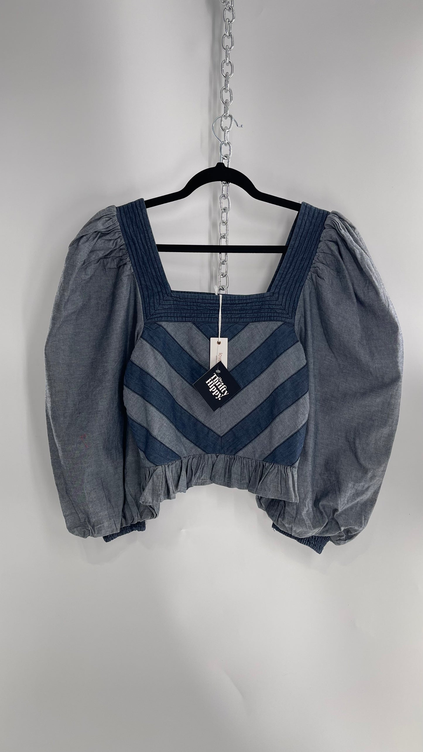 Love the Label ANTHROPOLOGIE Chambray, Chevron, Denim Smocked Blouse with Dramatic Sleeves and Tags Attached (Small)