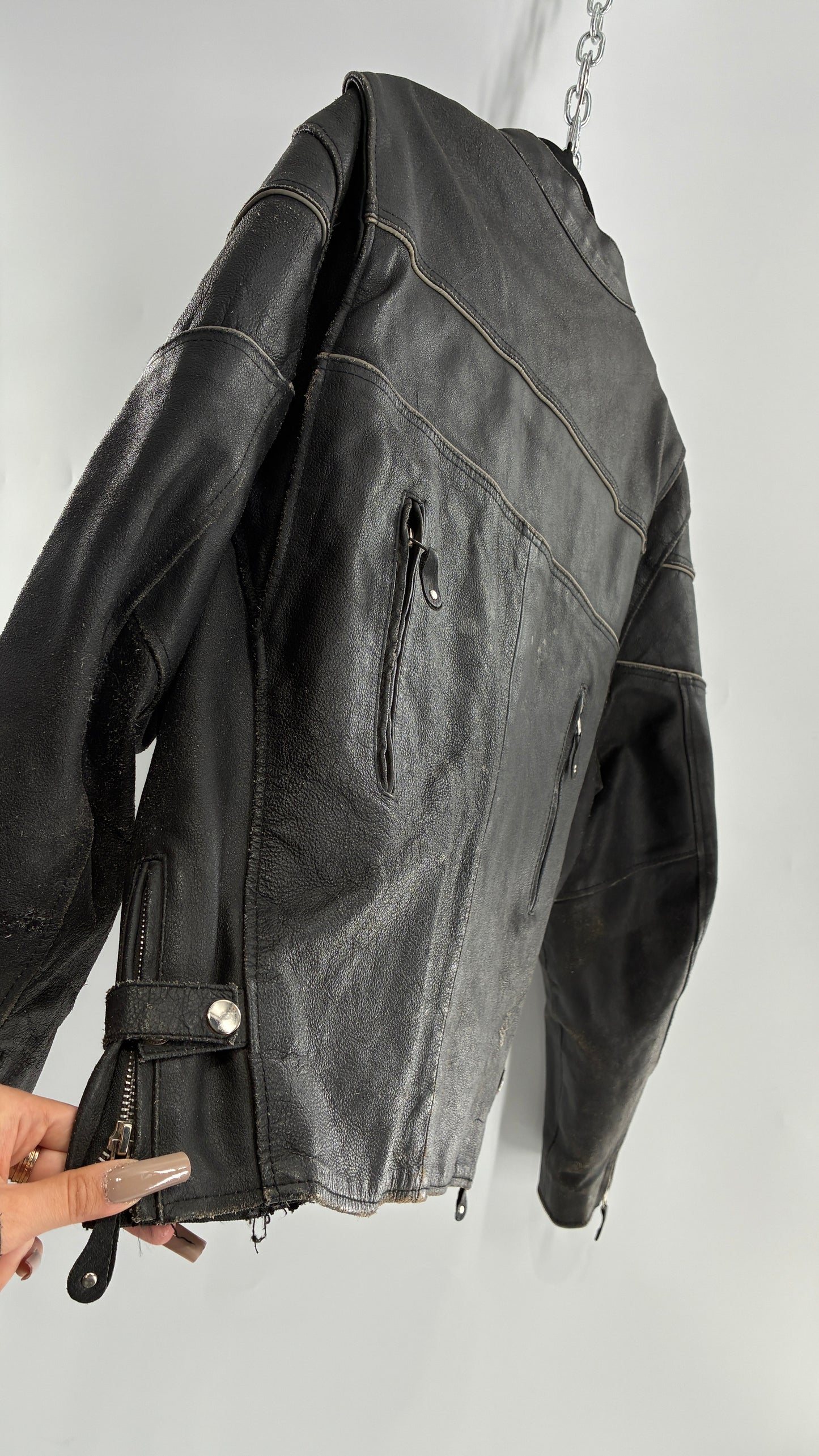 Vintage Distressed Genuine Leather Motorcycle Jacket with Zippered Pockets, Cuffs, and Sides (Large)