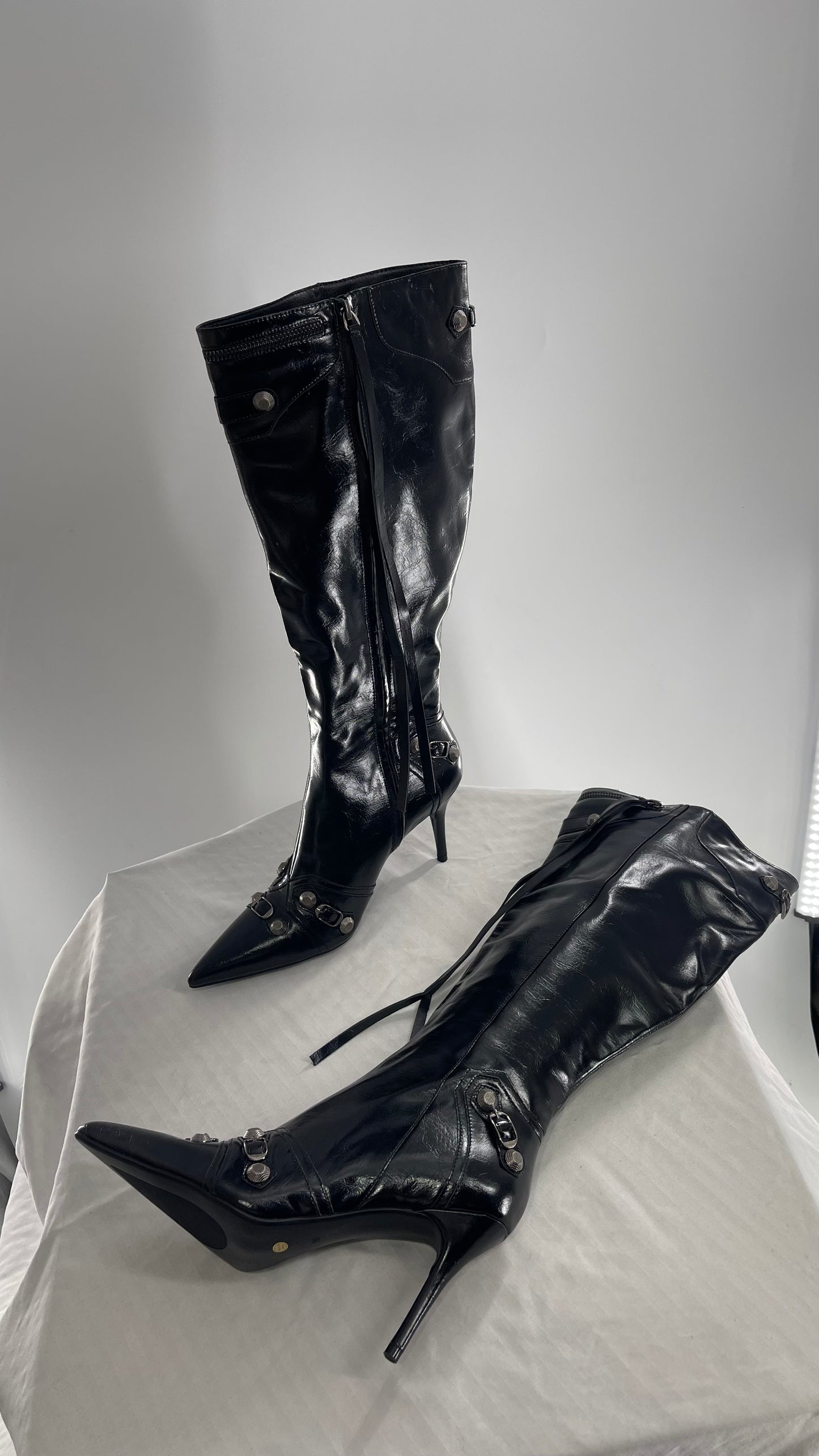 Black Pointed Toe Strappy Heeled Knee High Boots with Metal Hardware Details (10)