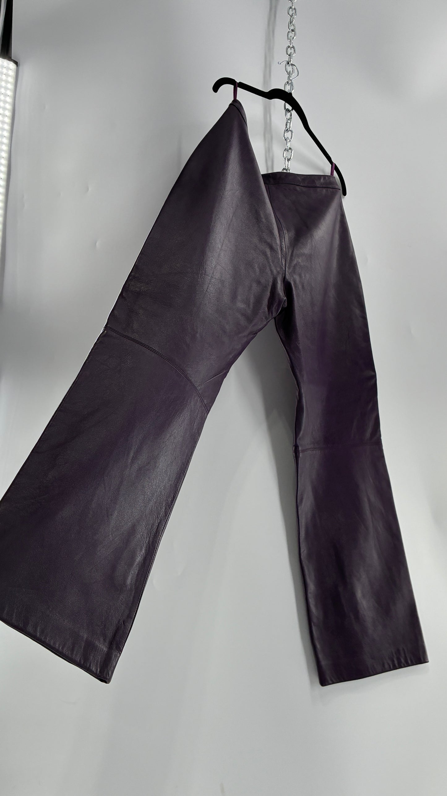 Vintage SHIN CHOI Genuine Italian Leather Purple Side Closure Low Rise Pants (12)