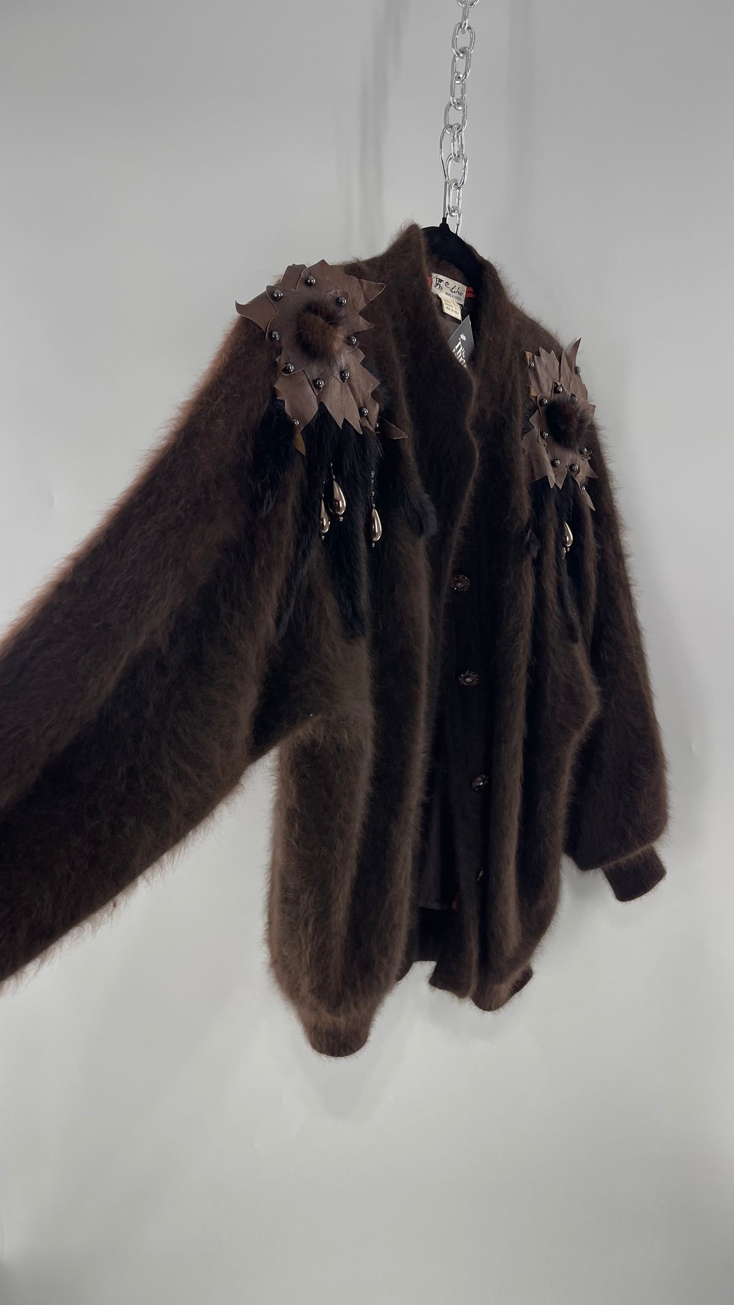 Liho Korean Vintage Brown Cardigan with Leather, Fur and Beaded Detailing 15% Wool 75% Angora  (C)(Medium)