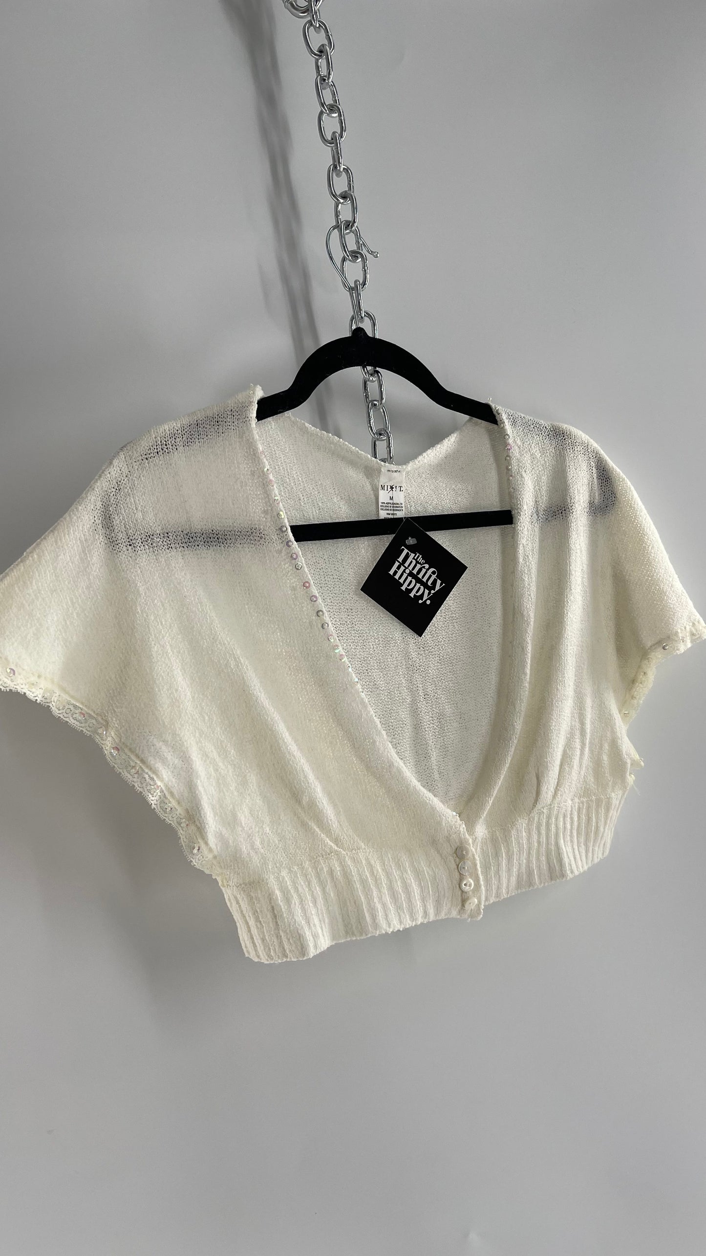 MIXIT VINTAGE White 100% Acrylic Cropped Shrug with Sequin and Button Detailing (Medium)