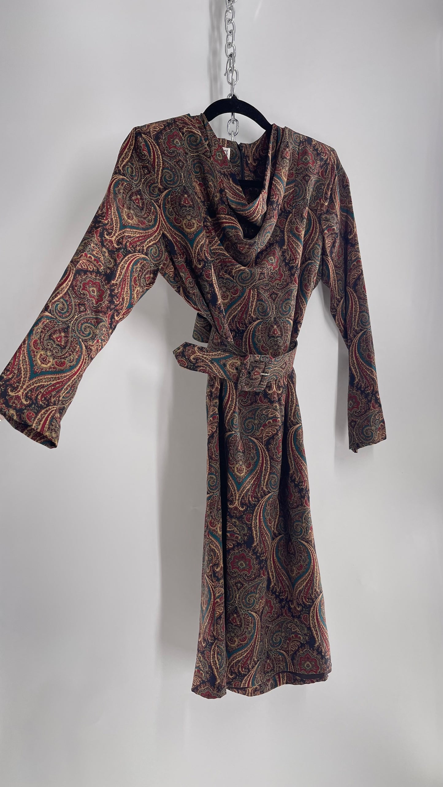 Vintage 100% Silk Paisley Belted Dress with Cowl Neckline (8)