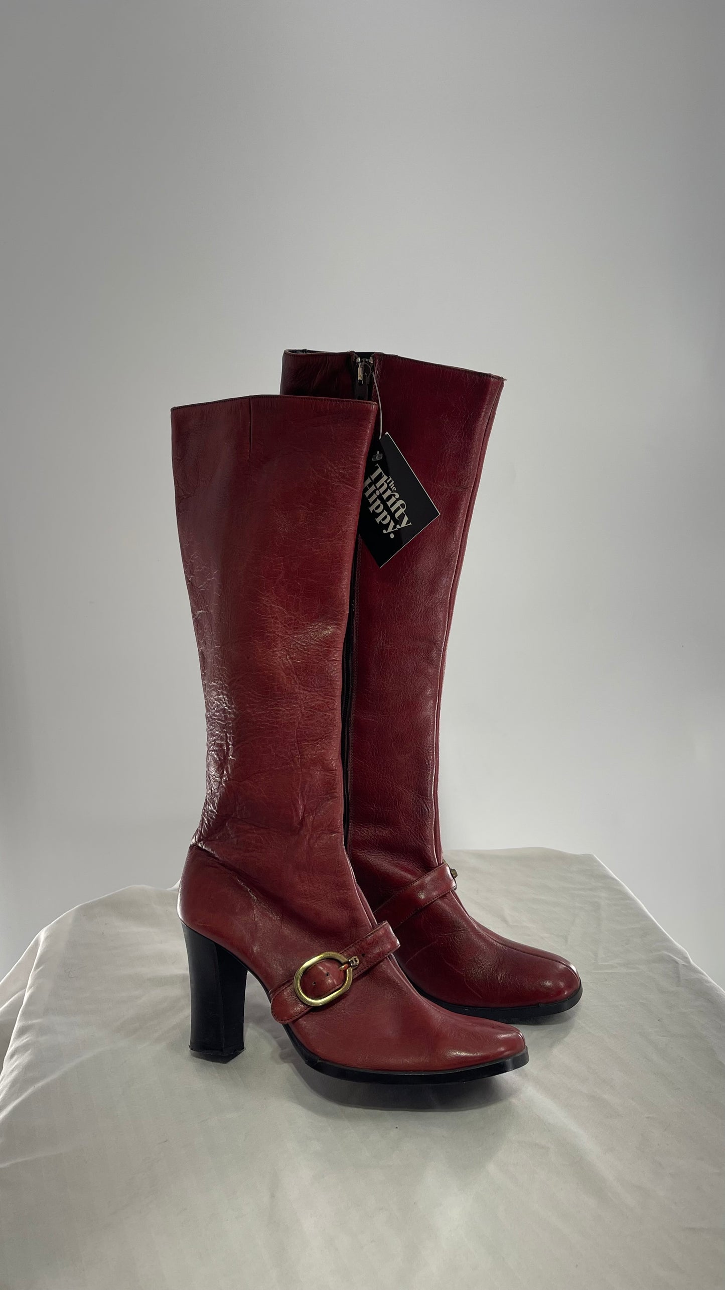 Vintage Etienne Aigner Red Italian Leather Boots with Buckle Strap (8.5)