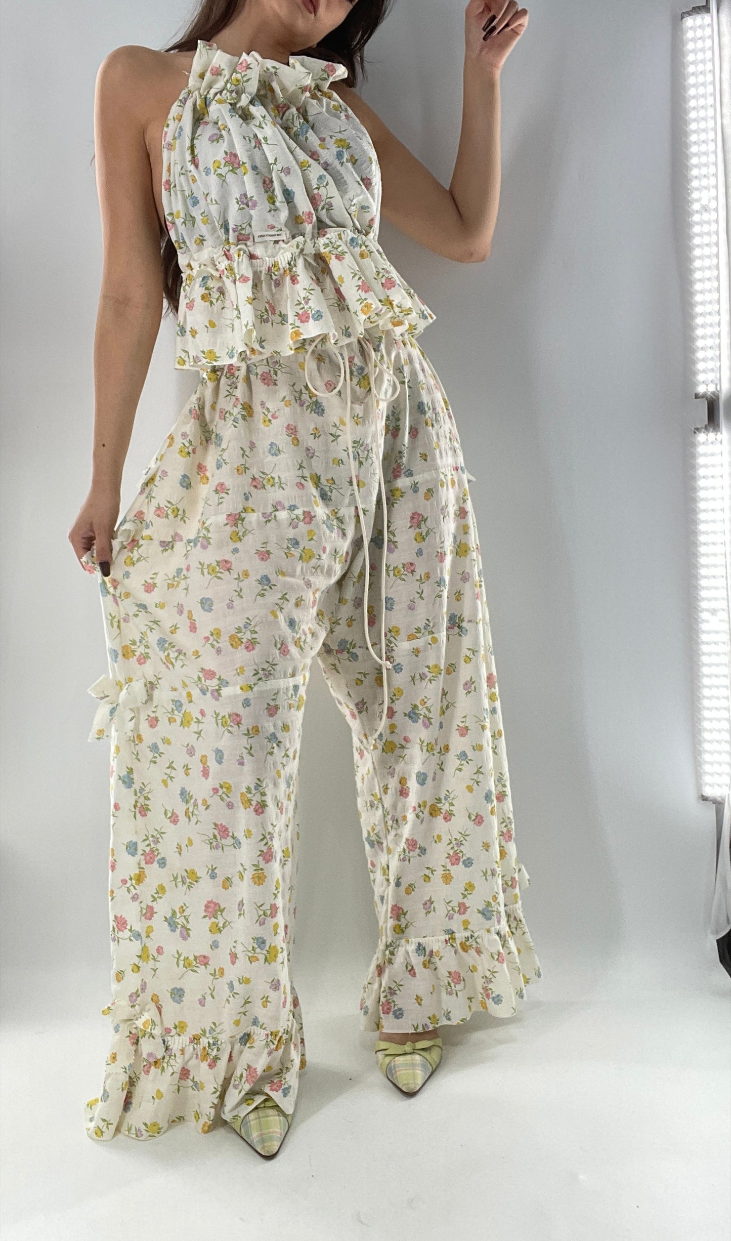 Vintage 2 Piece Floral Babydoll Set with Adjustable Top and Adjustable Pants Featuring Bow Sides and Ruffles Bum (One Size)