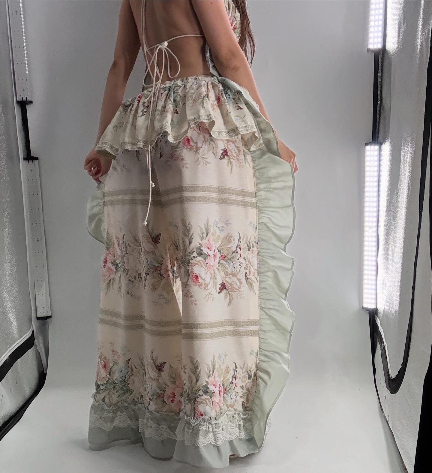Handmade Vintage Muted Florals Two Piece Set with Adjustable Waist and Bust Lines (XS-XL)