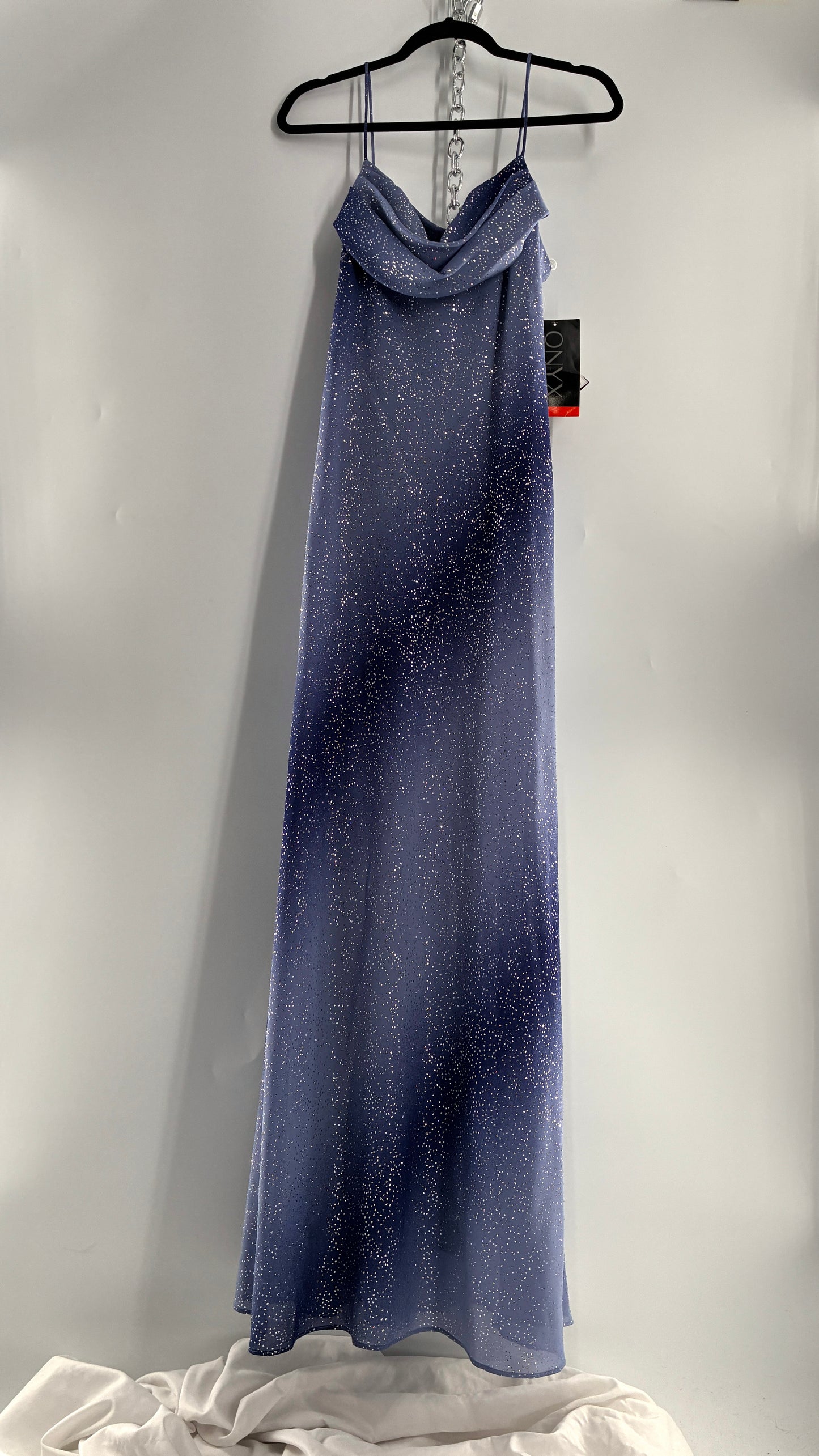 Deadstock Vintage ONYX Blue Iridescent Glitter Sparkle Draped Bust Gown (14)