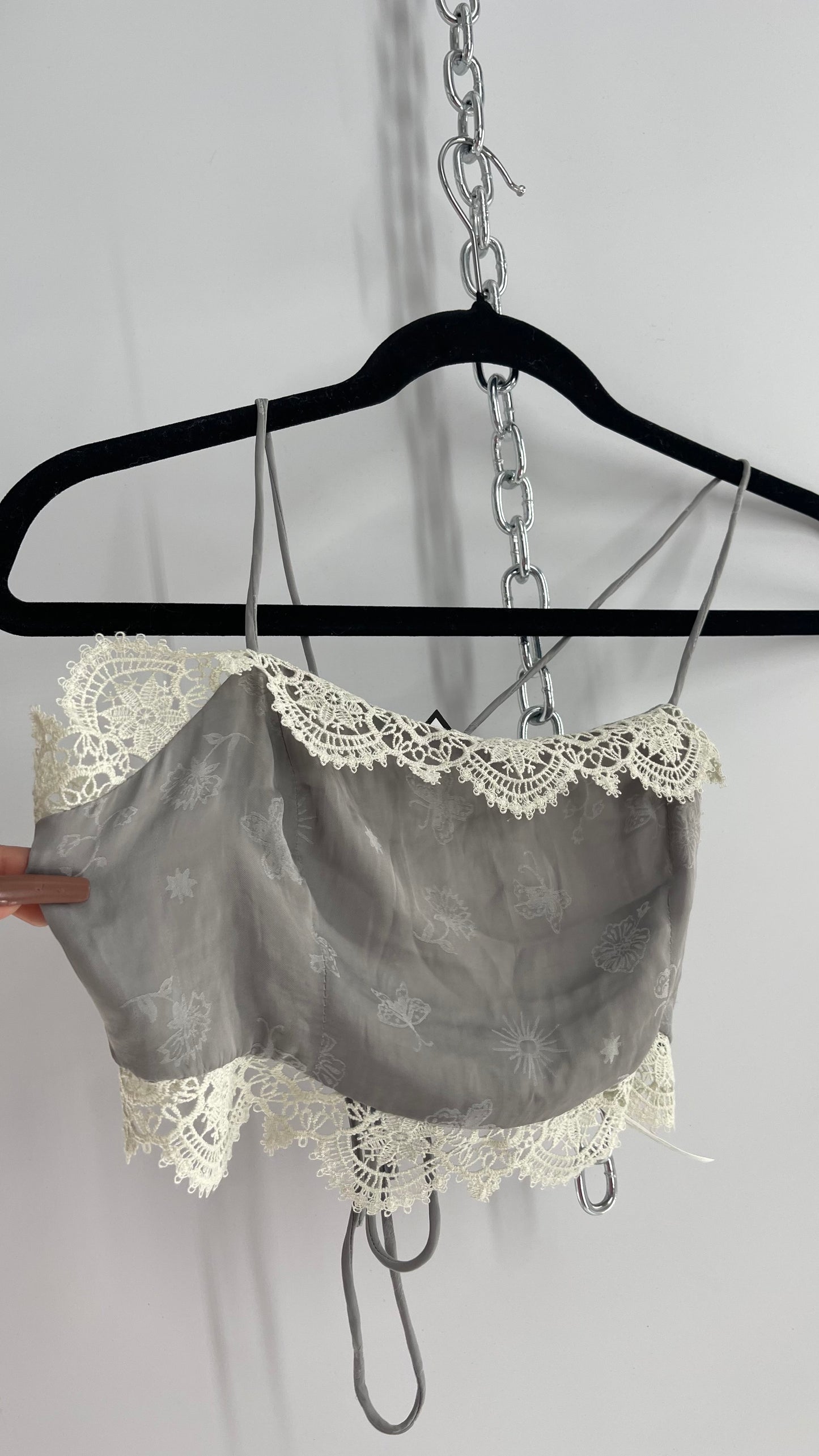 Intimately Free People Grey Silky Bustier with Tattoo Pattern and White Lace Trim (XS)