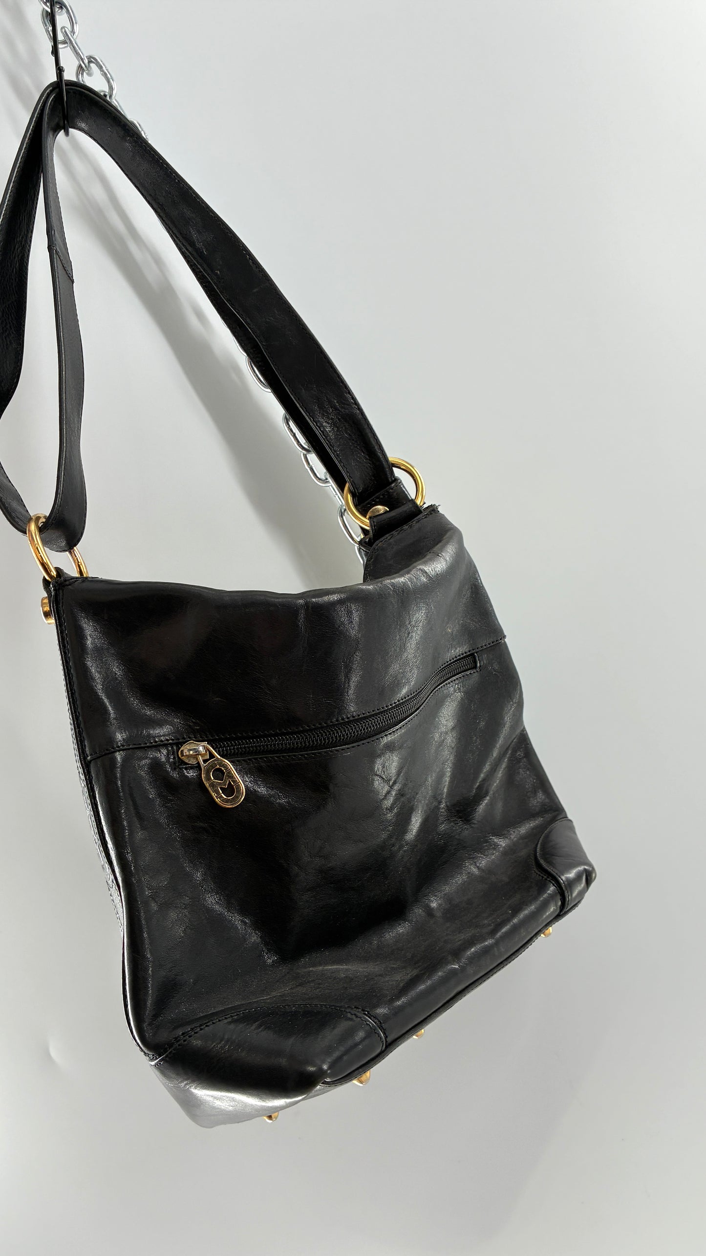 Vintage MARINO ORLANDI Black Leather Purse Made in Italy with Gold Embossed Hardware