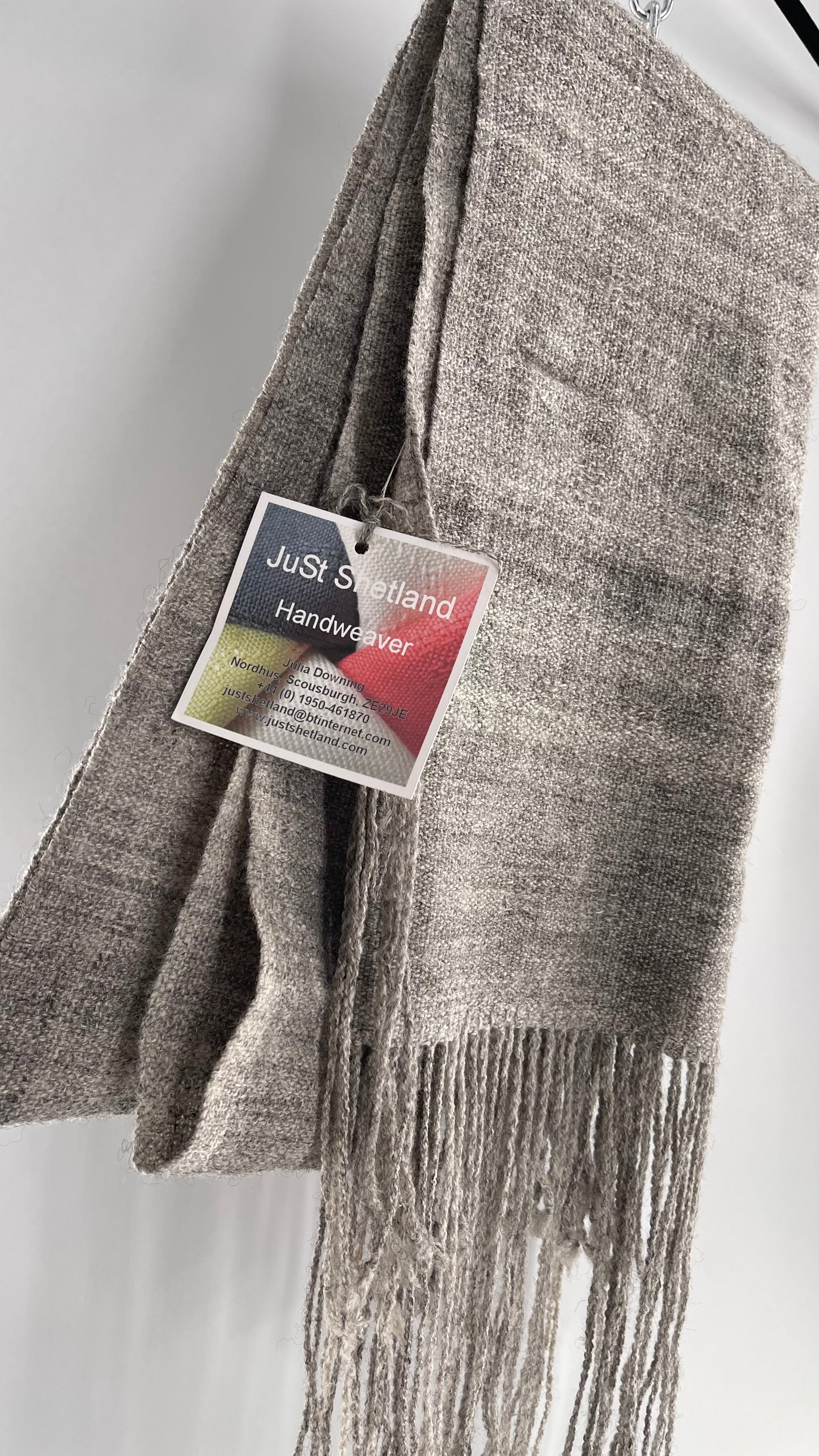 JuSt Shetland Handspun + Handwoven Shetland Yarn Julia Downing Nordus, Scousburgh Grey Woven Scarf