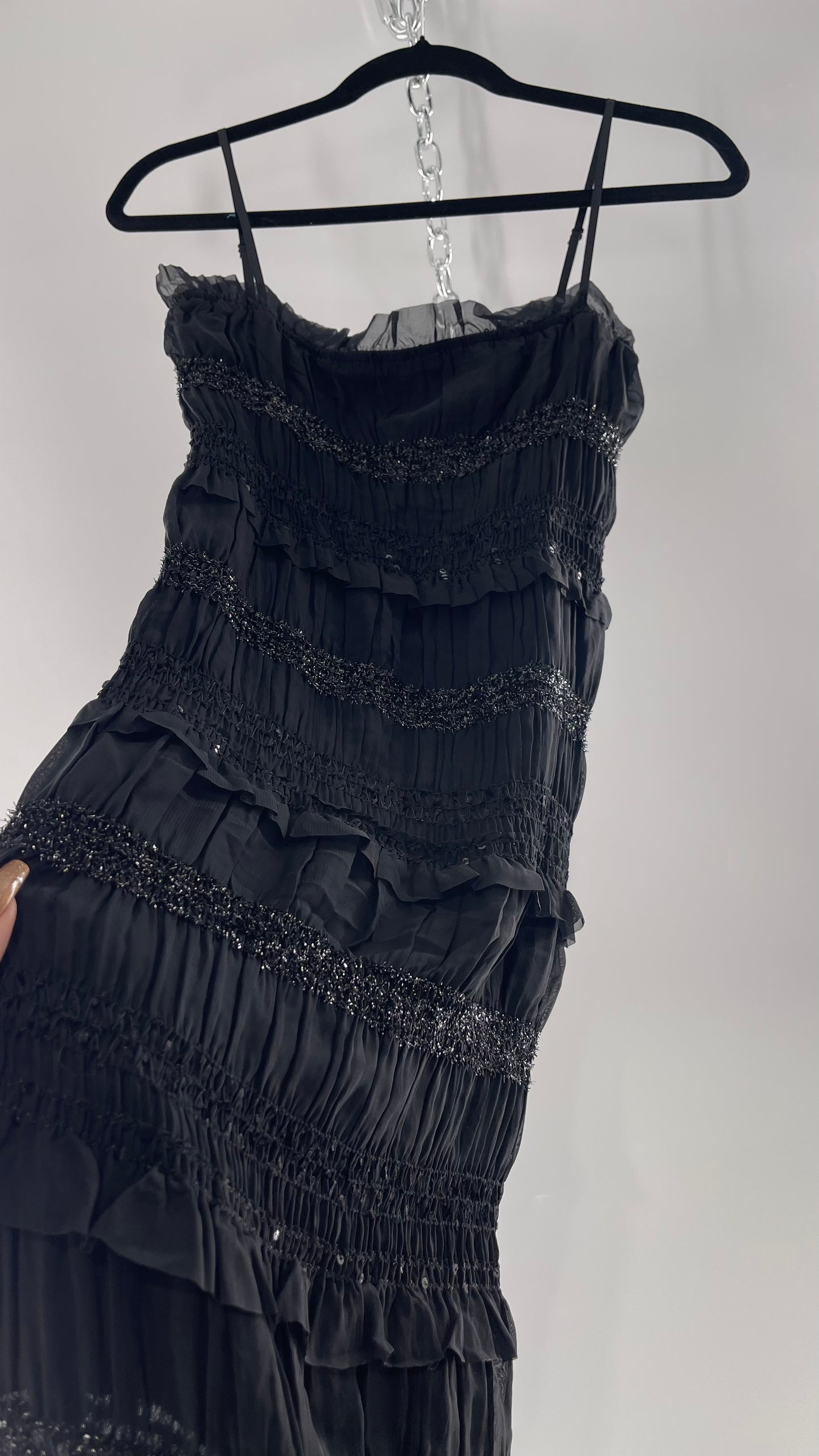 The Commense Black Sheer Crimped Midi Dress with Stripes of Tinsel and Ruffle with Tags Attached (Medium)