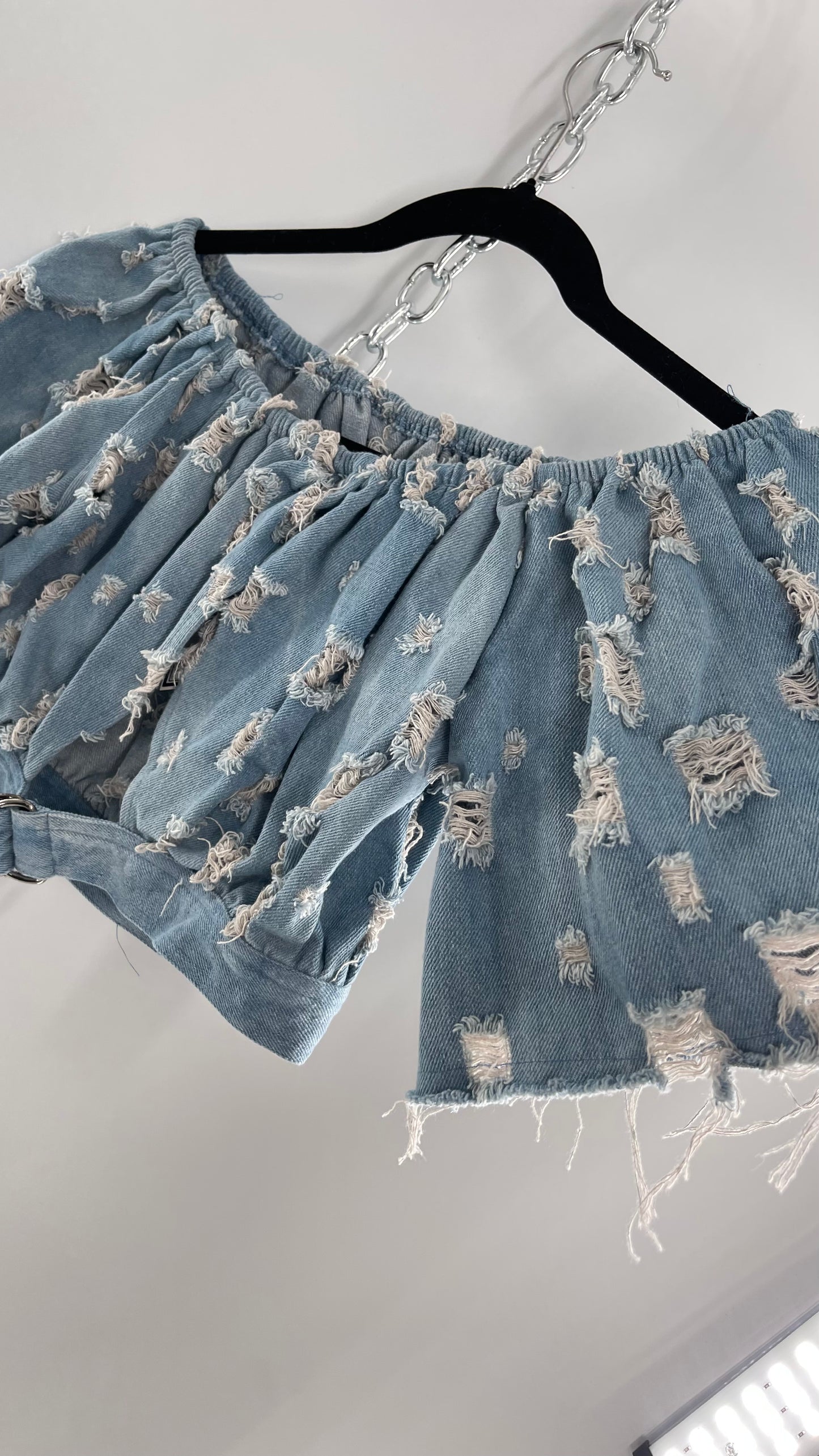 Homage Distressed Denim Crop Top with Keyhole Bust Cutout and Buckle (Medium)