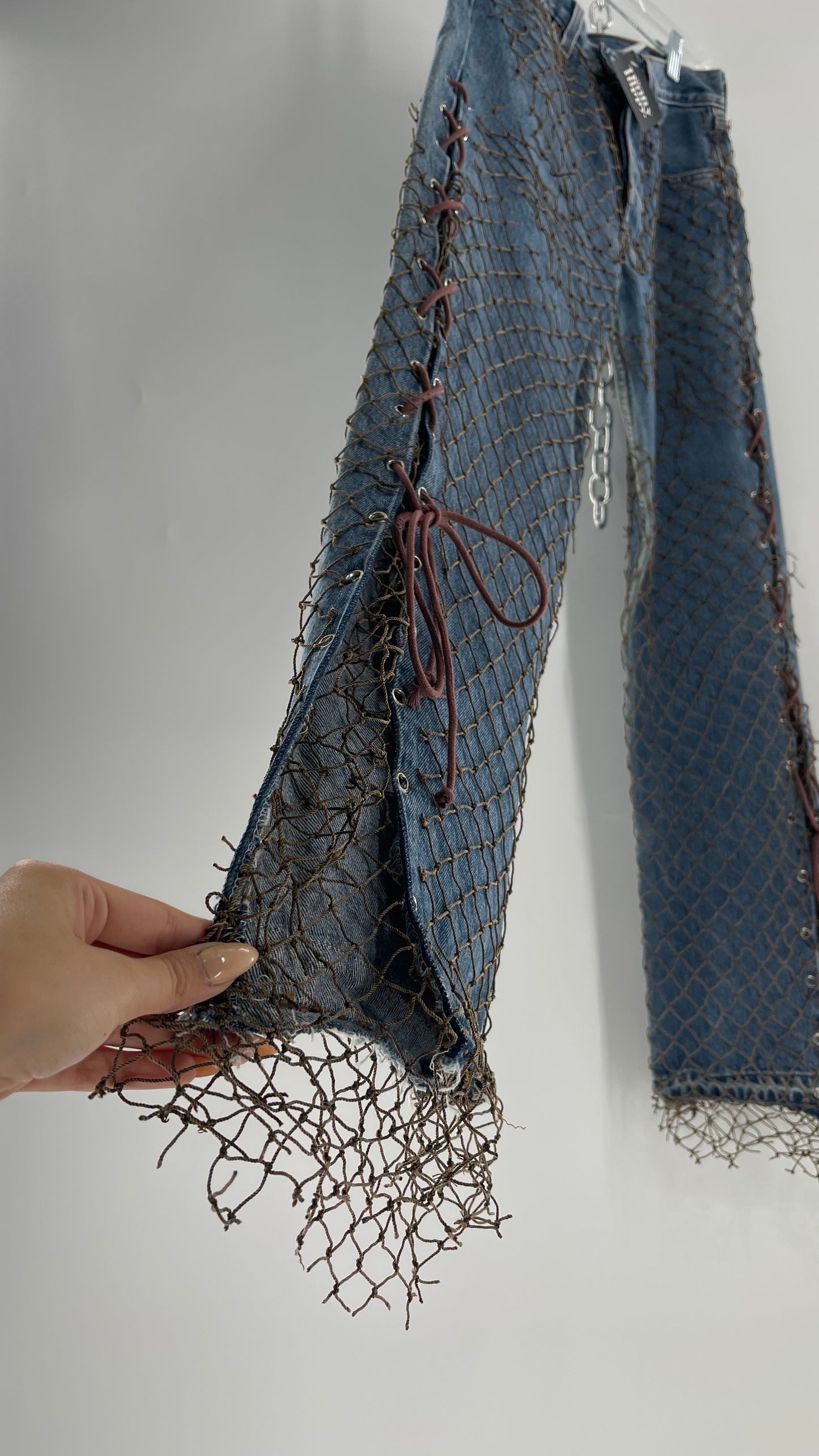 Custom - Fishnet Levi’s with Grommets and Lace Up Sides (Waist 29 Length 30) Fits Like a 26*