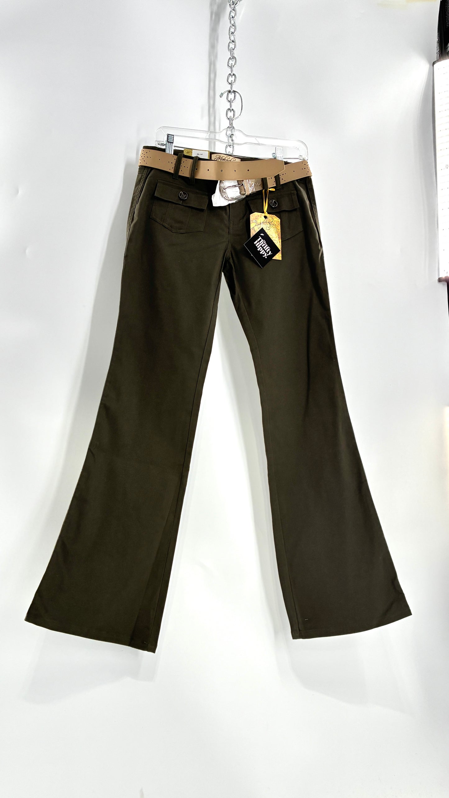 Deadstock Vintage MOKACHINO Olive Green Low Rise Kickflares with Hip/Bum Pockets and Built in Belt (7)
