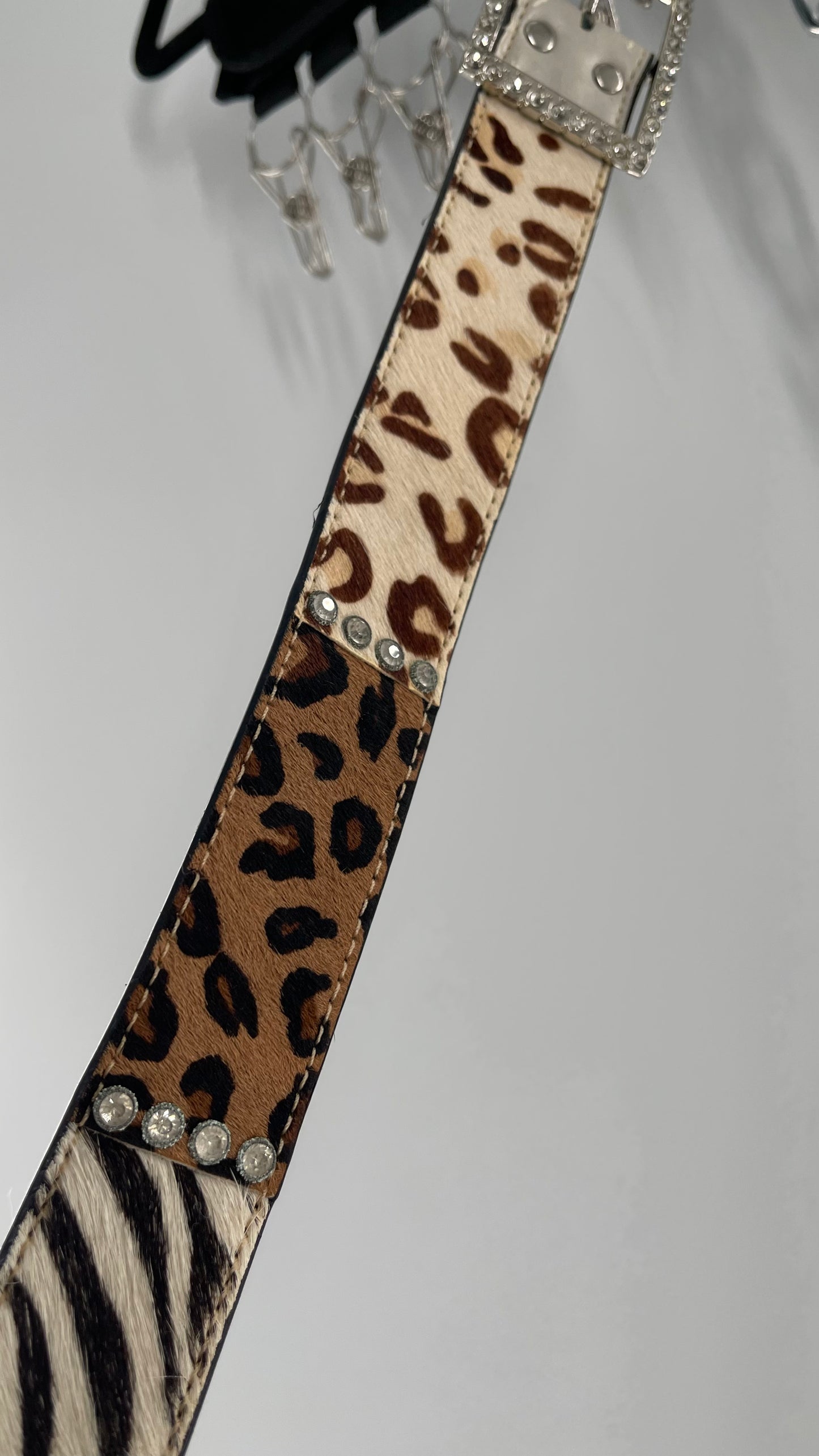 Vintage Pony Fur Animal Print Patchwork Belt with Rhinestone Buckle and Embellishments (Medium)