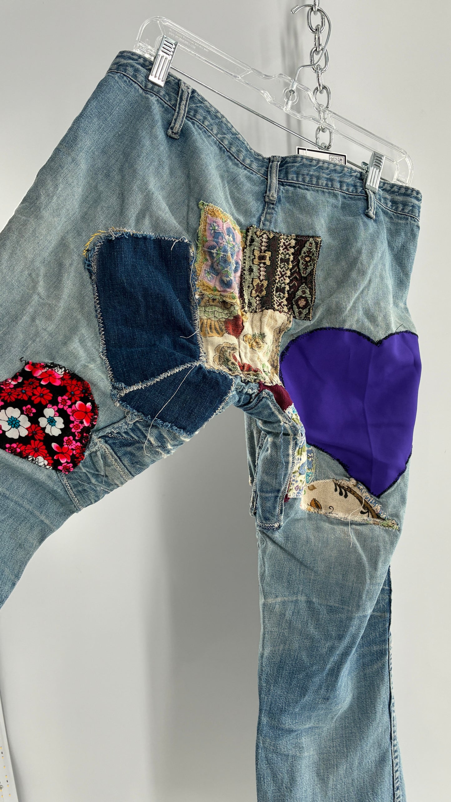 Vintage Rare 1970s Light Wash, Low Rise Boot Cut Jeans with Hand Stitched Tapestry Style Patches and Purple Heart on Bum (Measurements Below)