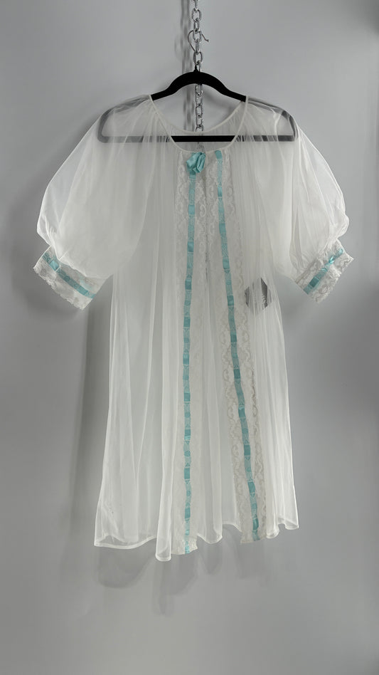 Vintage White Tulle Dress Cape  with Oversized Puff Sleeves, Lined with Lace and Baby Blue Ribbon Trim (Medium)