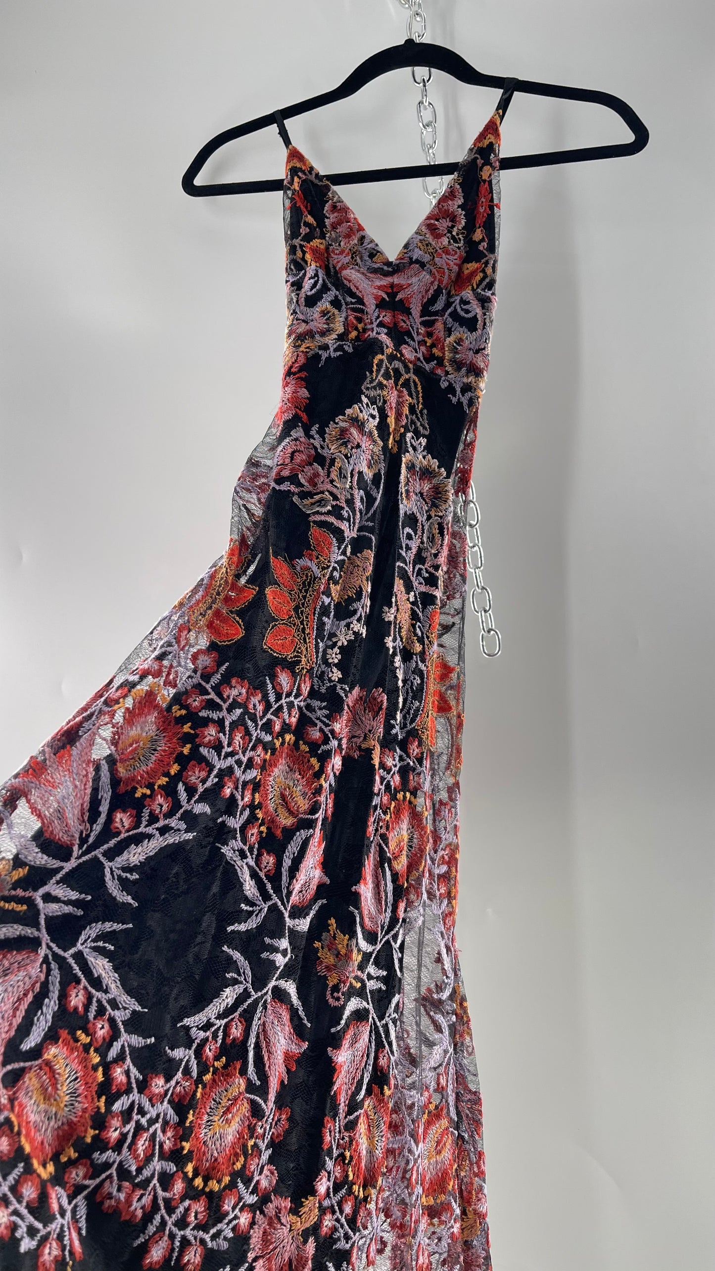 Free People Black Fall Toned Floral Embroidered Tule Sleeveless Maxi Dress (2)