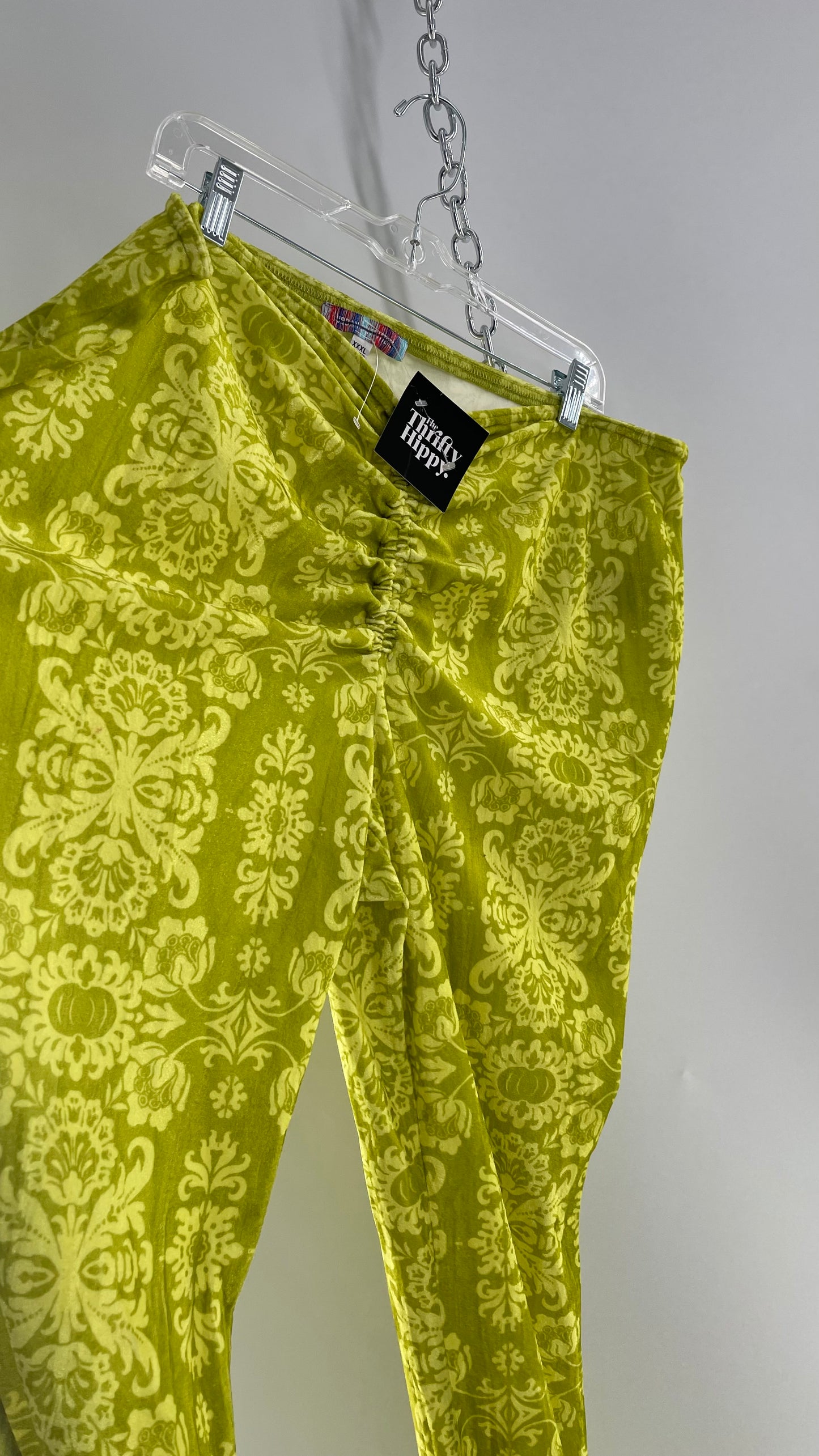 Urban Outfitters Chartreuse Green/Yellow Velvet Lace Patterned Flares with Scrunch Front (XXL)