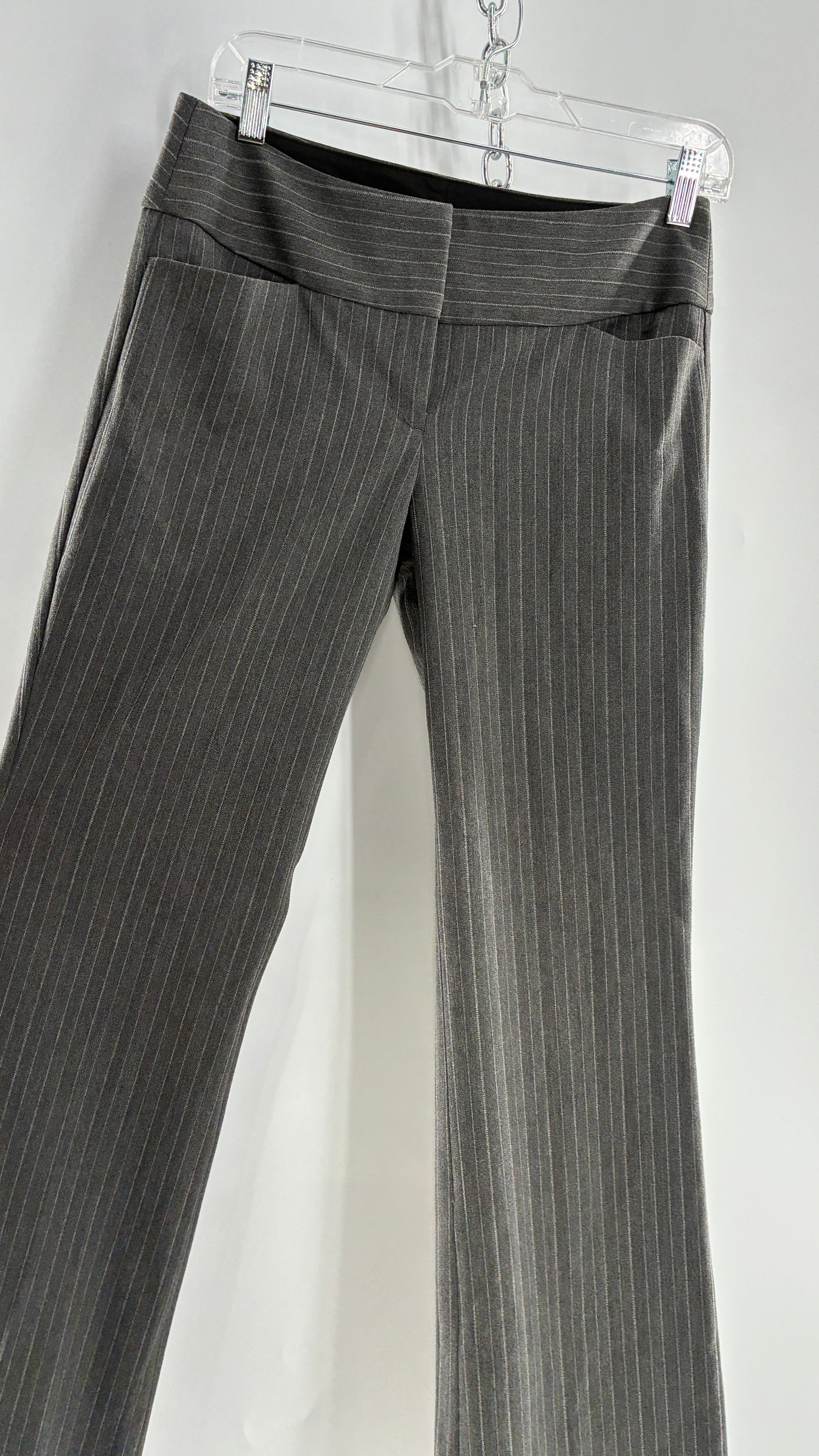 Vintage 1990s EXPRESS Editor Dark Grey Pinstripe Ultra Low Rise Thick Hip Band Kick Flares (2)