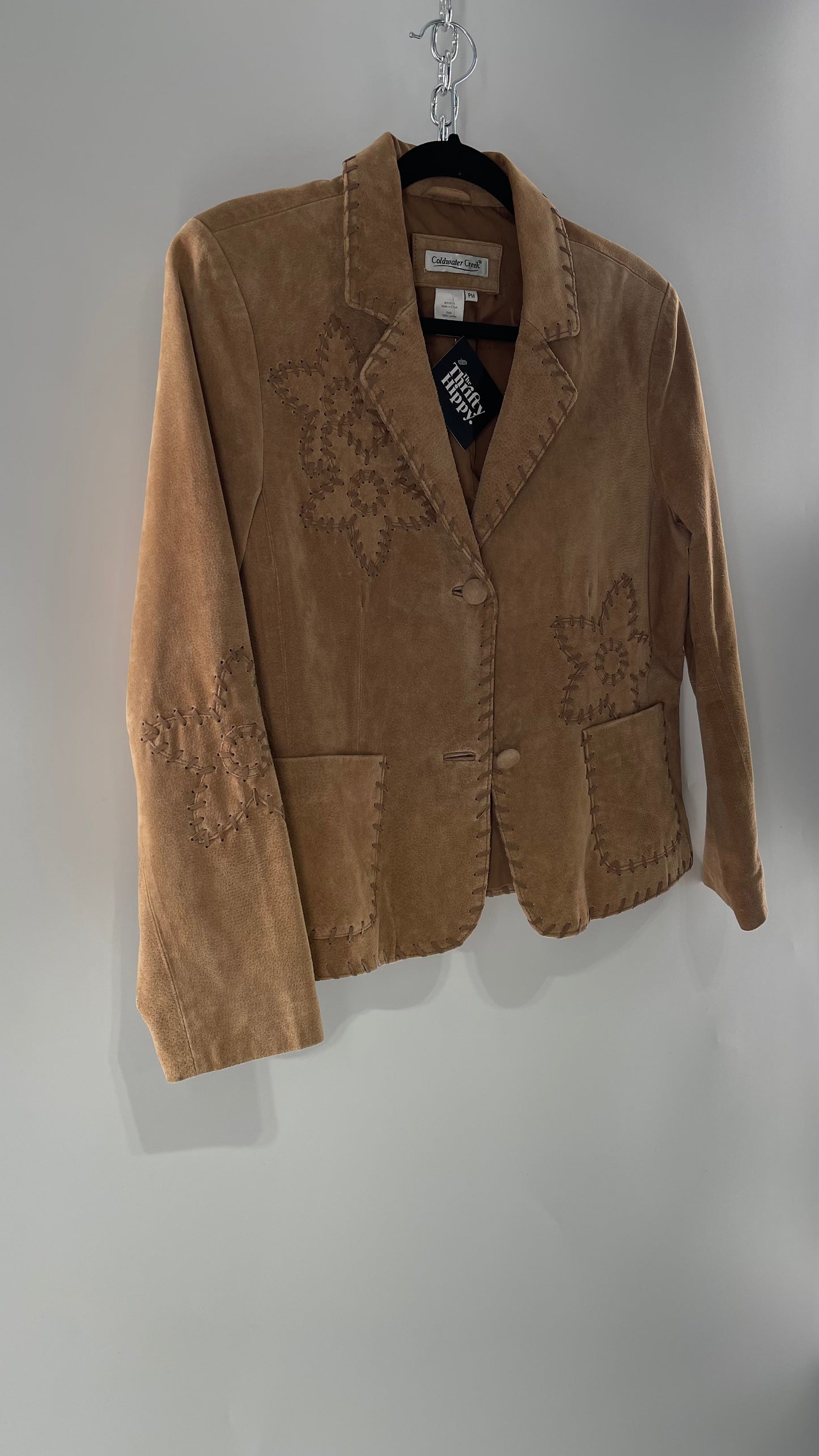 Vintage Rare Light Brown Genuine Suede Blazer with Embroidered Suede Flower and Contrasting Thick Leather Stitching (Medium)