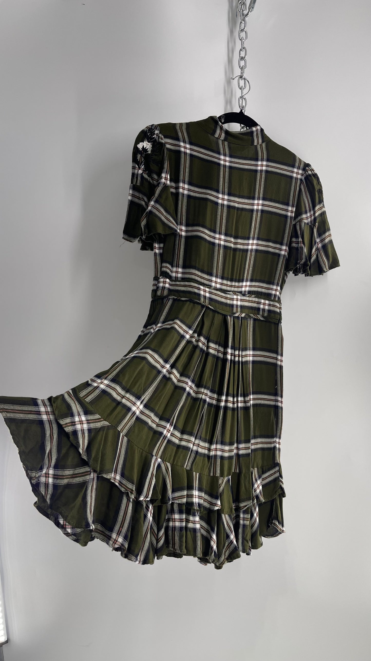 Ranna Gill Anthropologie Army Green Plaid Dress with Floral Embroidery and Bow Tie Detail (XS)