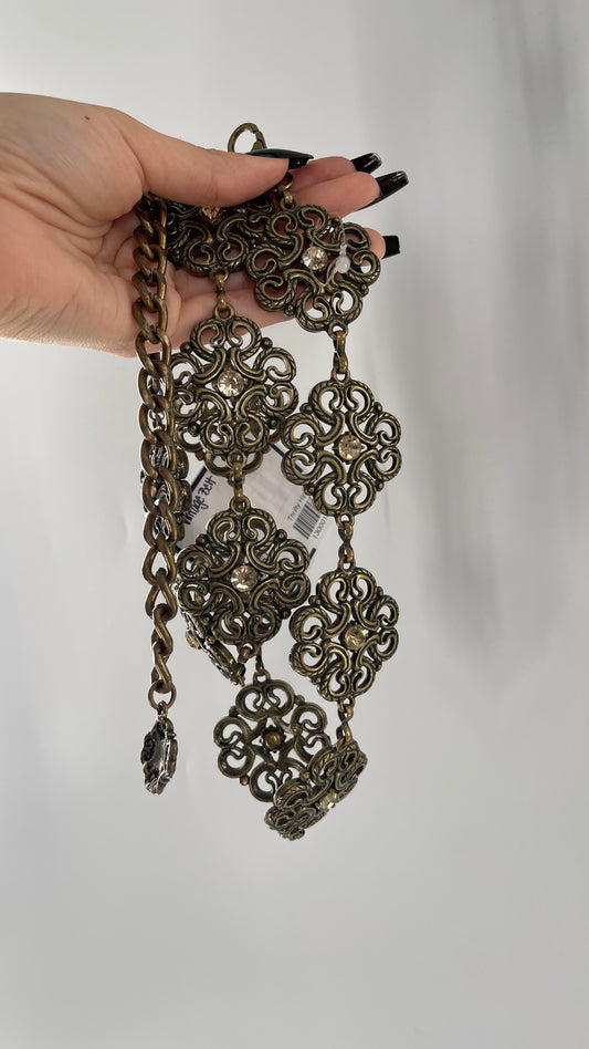Vintage Gold/Bronze Metal Chain Belt with Rhinestone Embellishments (S/M)