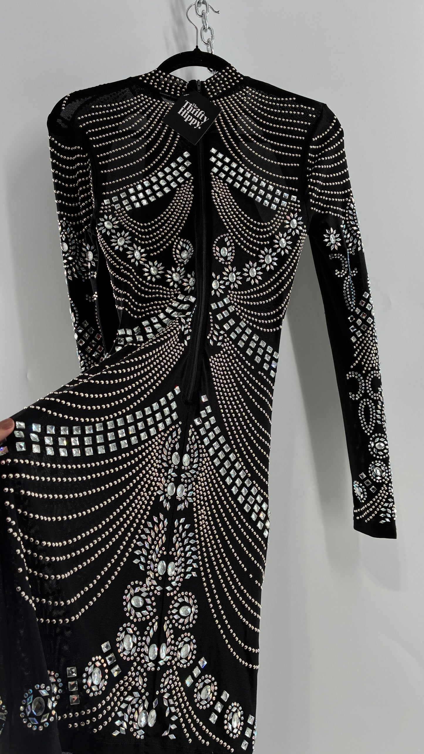 Black Bedazzled Mini Dress with Cut Out Details Covered in Gems (Small)