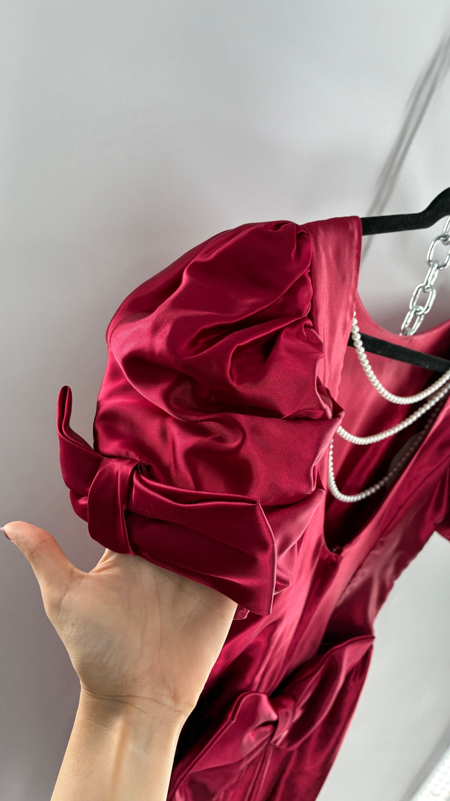 Vintage Red Silky Satin Corset Style Dress with Sweetheart Neckline, Puff Sleeves, Oversized Bow Bum, Open Back and Draping Pearls (10P)