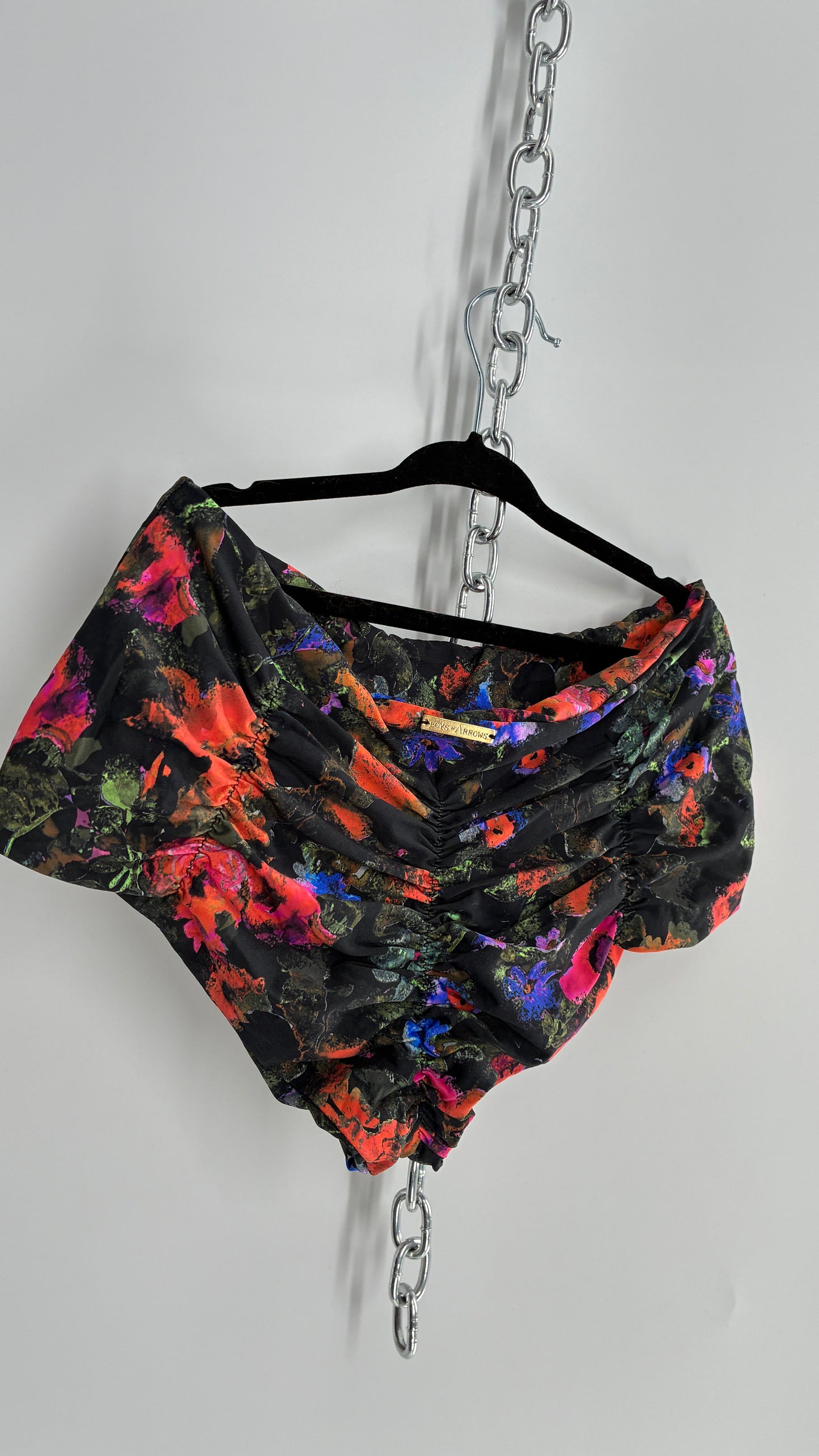 Boys + ARROWS High Contrast Floral High Waisted, Ruched Tanga Swim Bottoms (M)