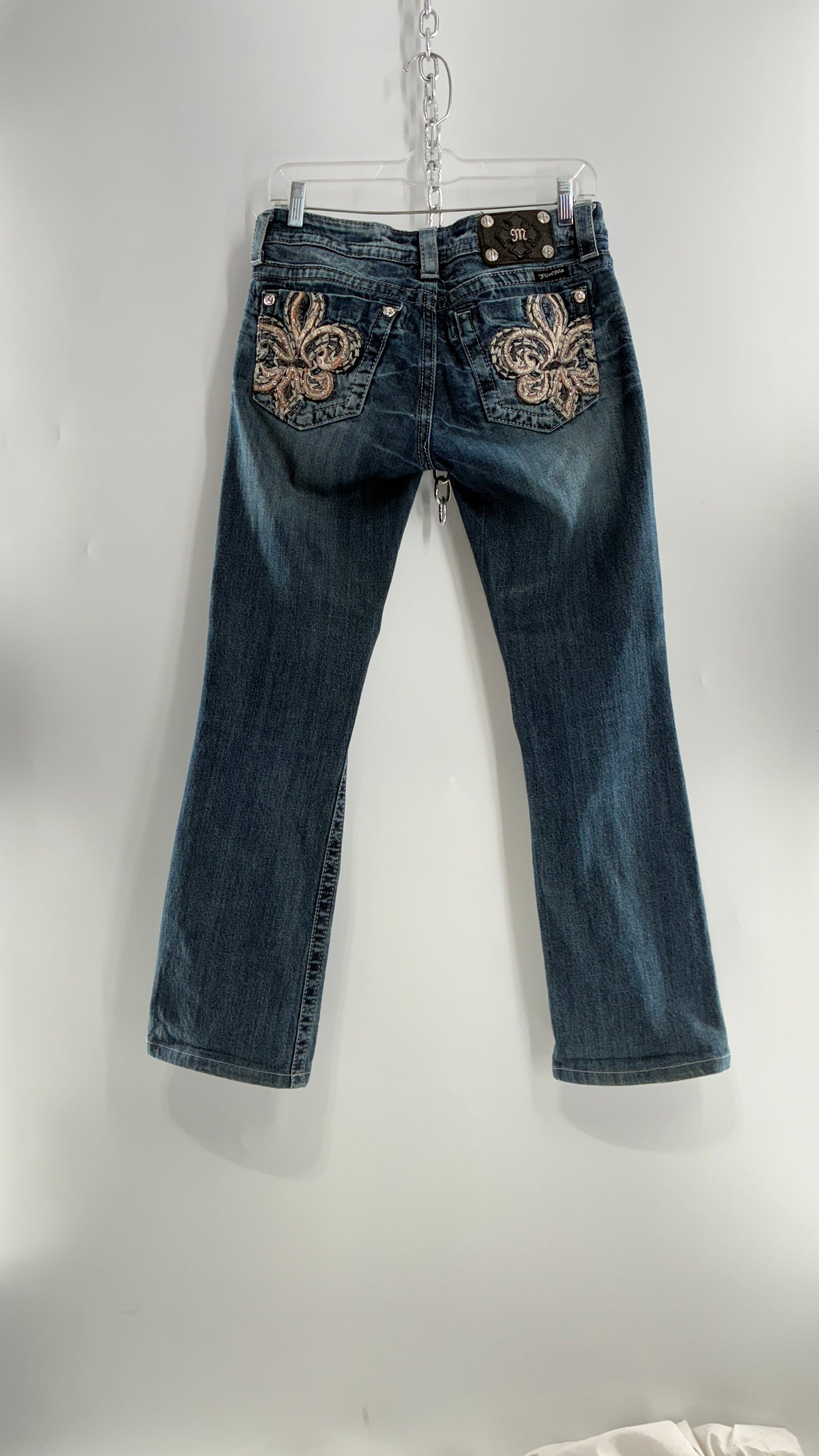 Vintage MISSME Kick Flare Jeans with Embroidered Pockets with Rhinestone Detailing (28)