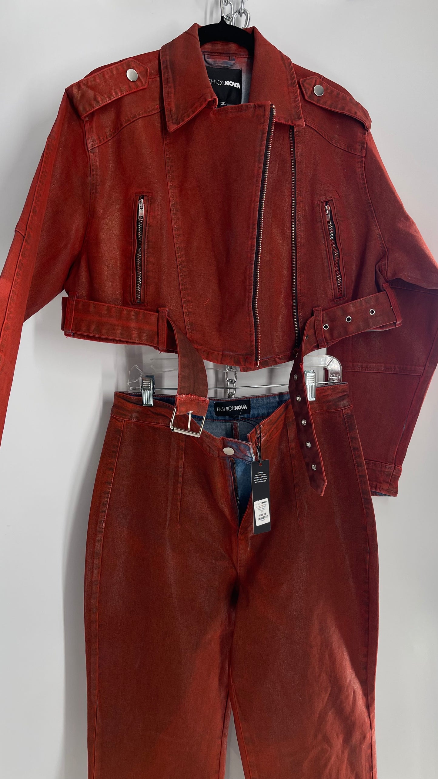 Fashion Nova Red Waxed Denim Cropped Motorcycle Jacket with Flared Jean Set and Tags Attached (XL/15)
