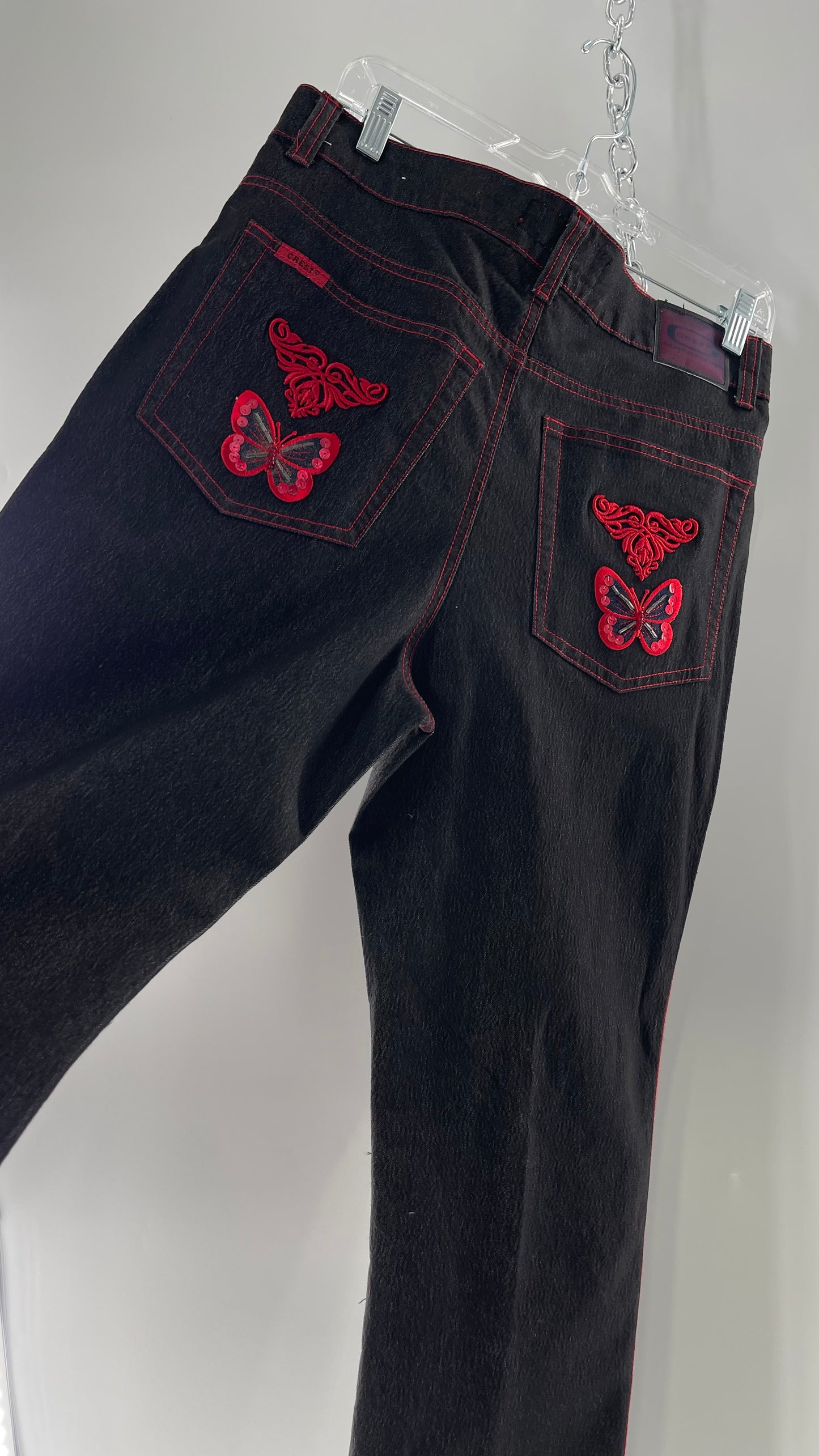 Rare Vintage Black Crest Jeans with Red Contrast Stitching and Butterfly Embroidery on Thigh and Back Pockets (14)