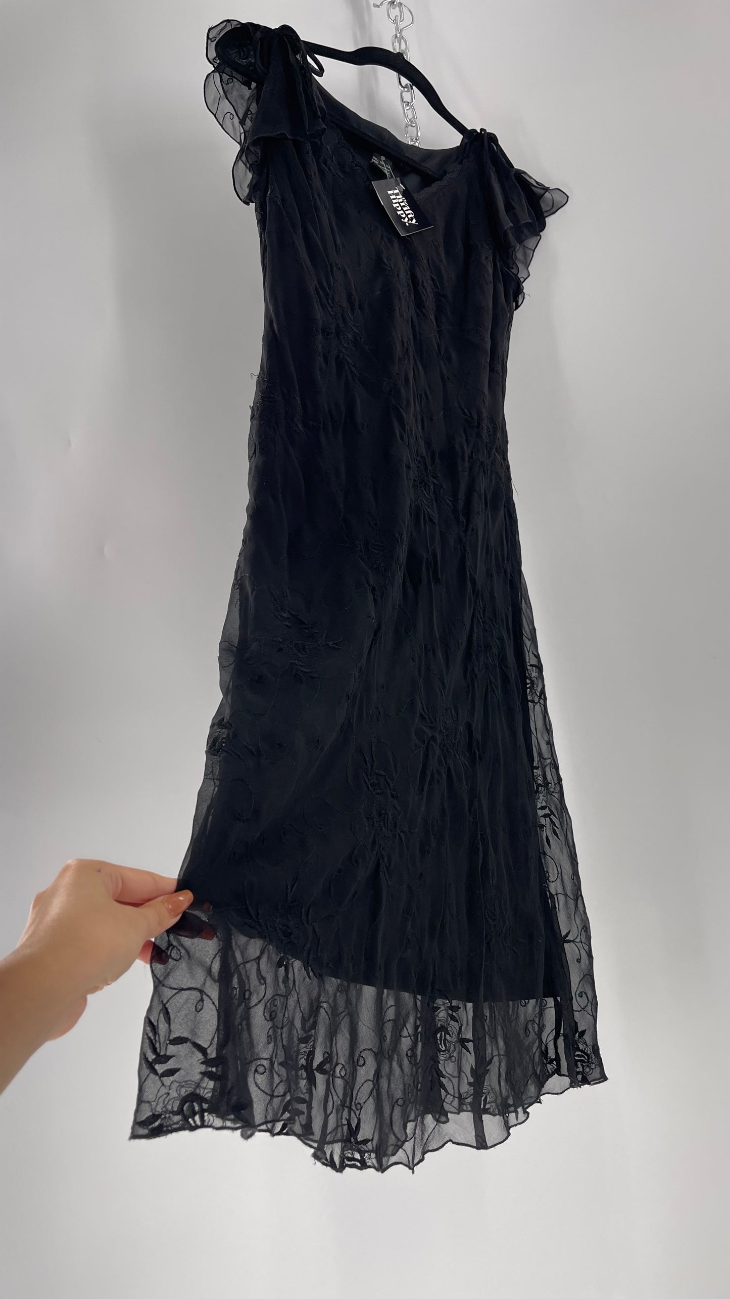 Vintage Jonathan Martin 100% Silk Black Embroidered MIDI Dress with Tie Shoulder Detail (10)