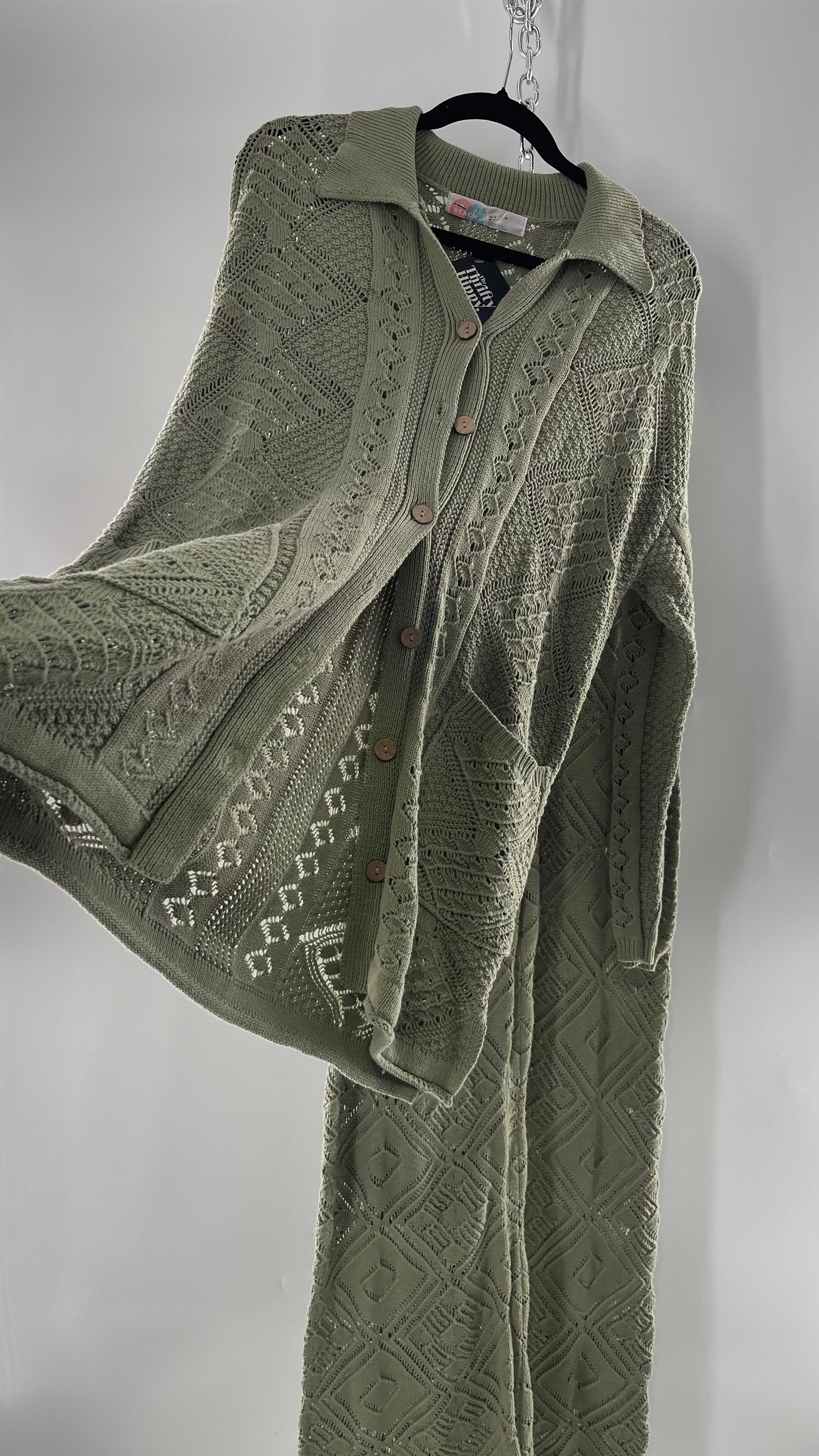 Free People Beach Sage Green Crochet Wooden Button Front Cardigan and Wide Leg Set (Medium)