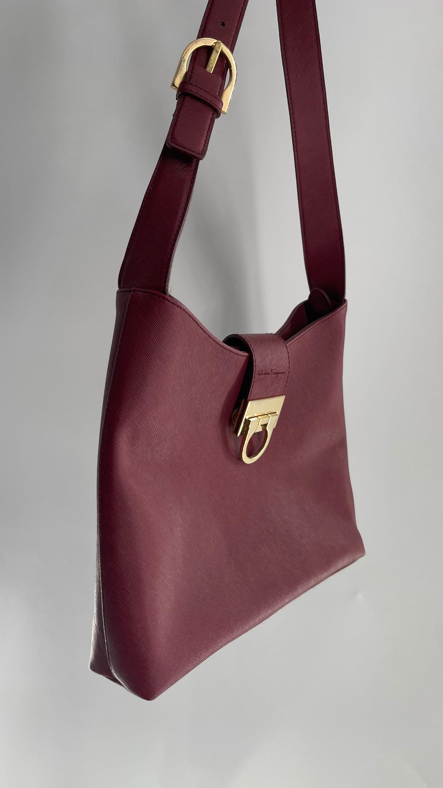 Vintage Salvatore Ferragamo Maroon Red Pocketbook Bag with Gold Hardware