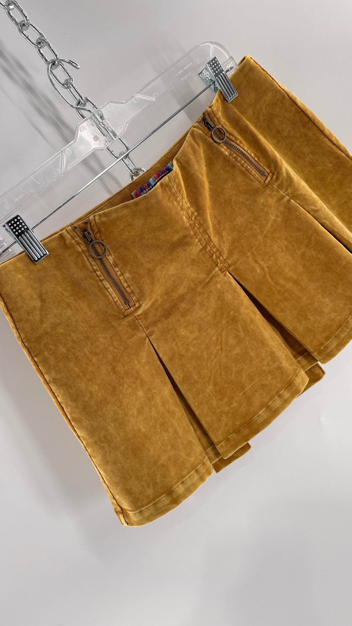 Urban Outfitters Mustard Corduroy Pleated Micro Mini Skirt with Brass Hip Zippers (Medium)