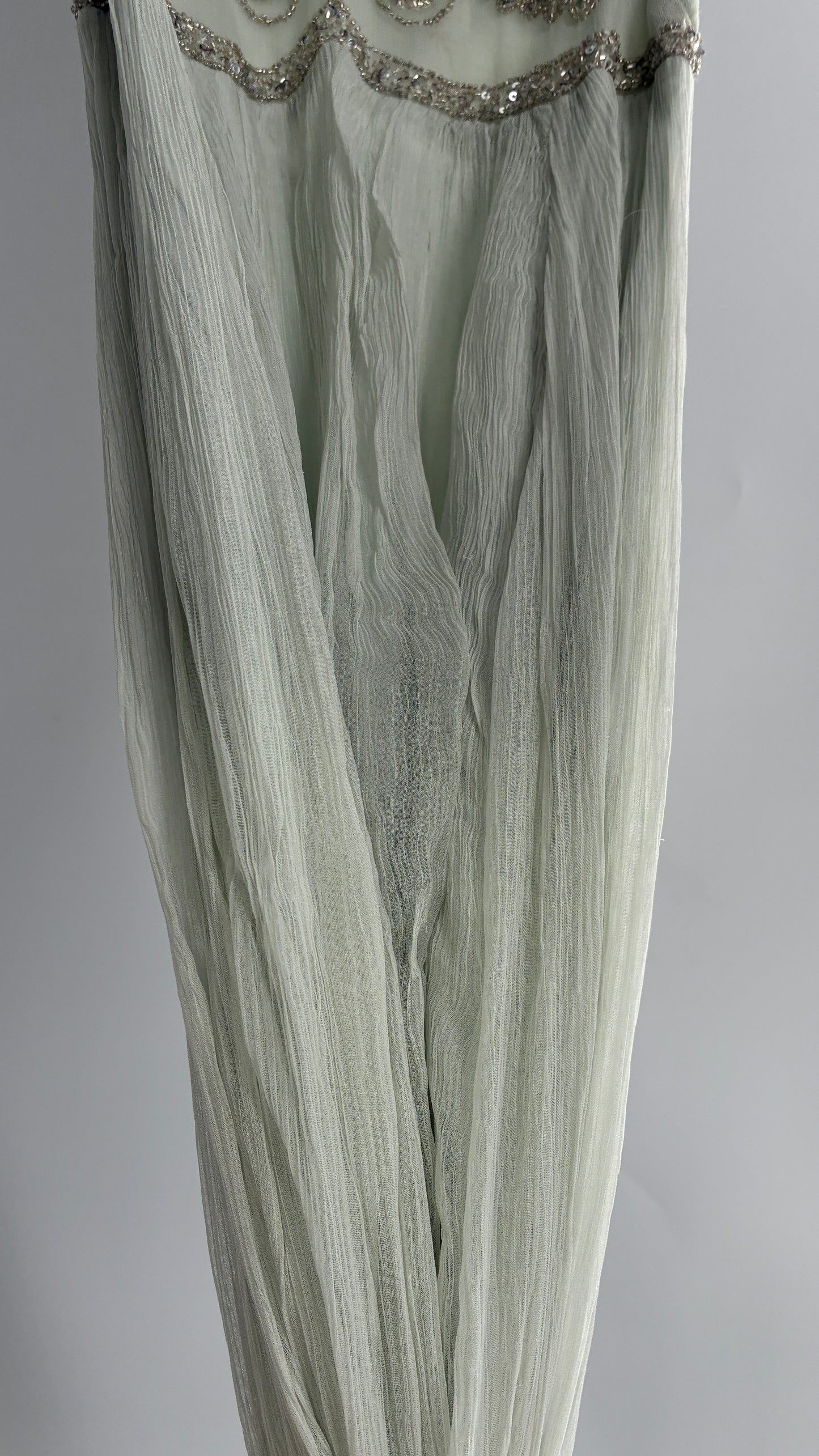 KIMCHI BLUE Light Greyish Seafoam Green Crimped Gown with Beaded Bodice and Sheer Back (2)