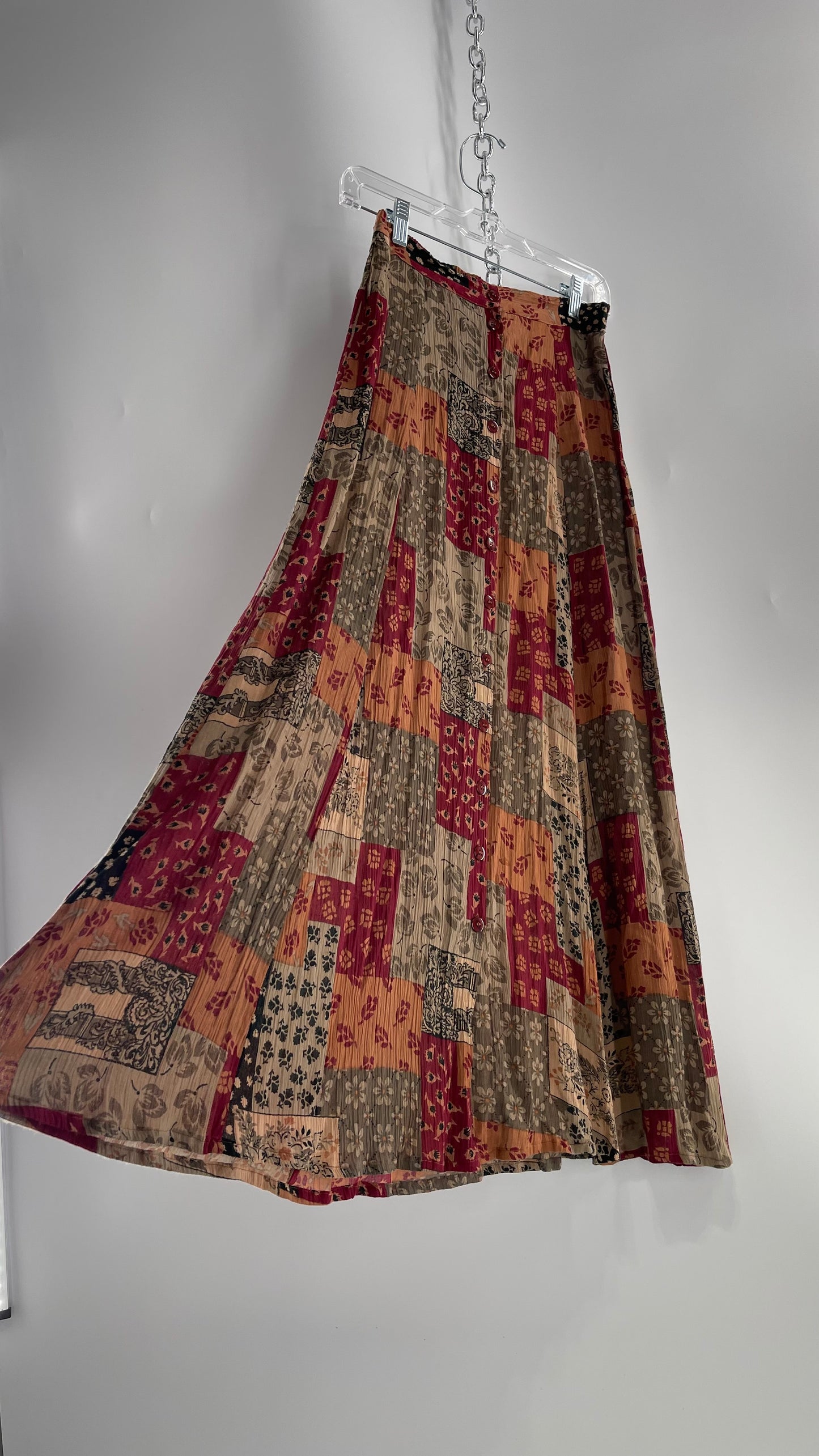 Vintage Indian Import REVUE 100% Rayon Patchwork Button Front Skirt (Small)
