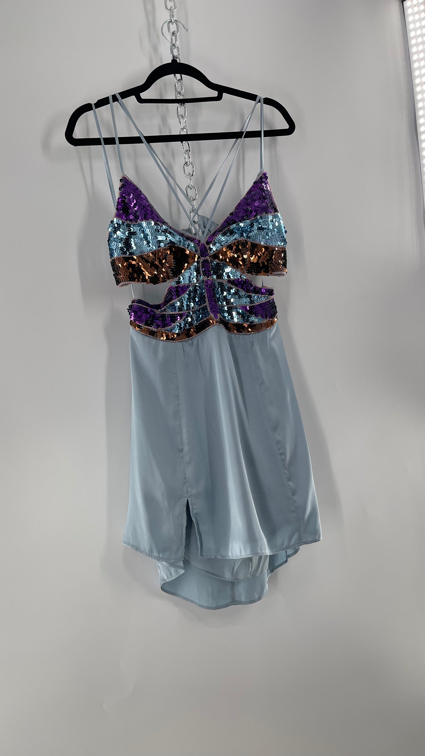 Urban Outfitters Light Blue Satin Butterfly Sequin Size L