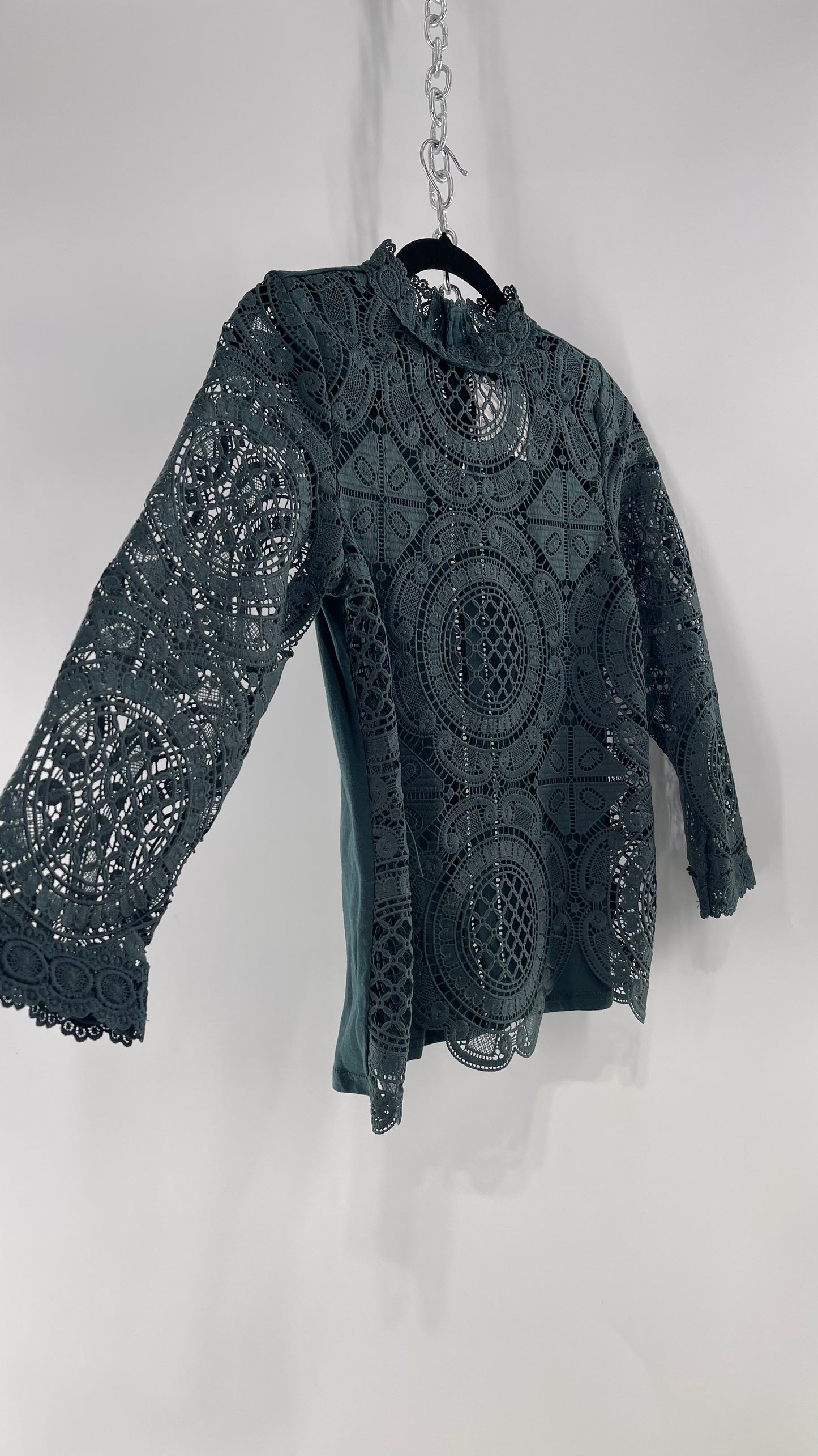James Coviello New York Thick Lace Forest Green Blouse with Button Down Back (XS)